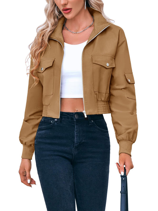 Fisoew Women's Fashion Cropped Bomber Jacket Long Sleeve Zip Up Stand Collar Jacket Coat with Pocket
