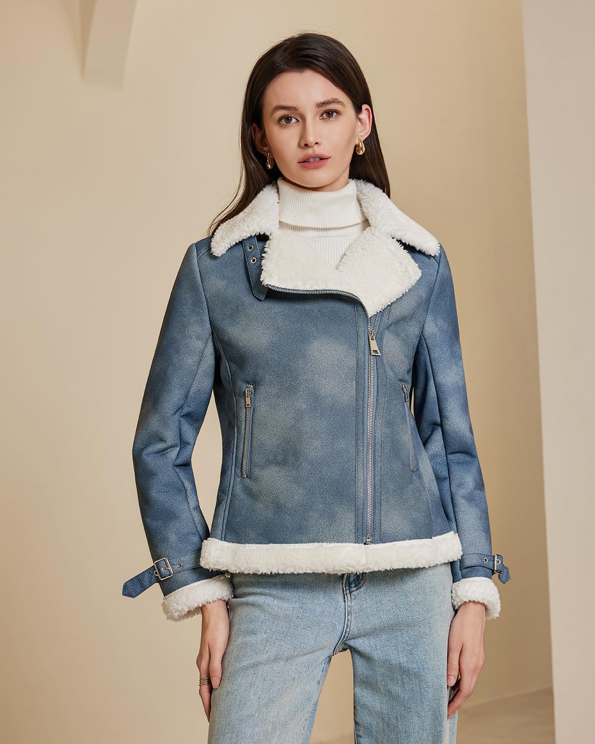 DIASHINY Women's Faux Shearing Fur Lined Jacket Faux Leather Moto Sherpa Coat Denim Blue M
