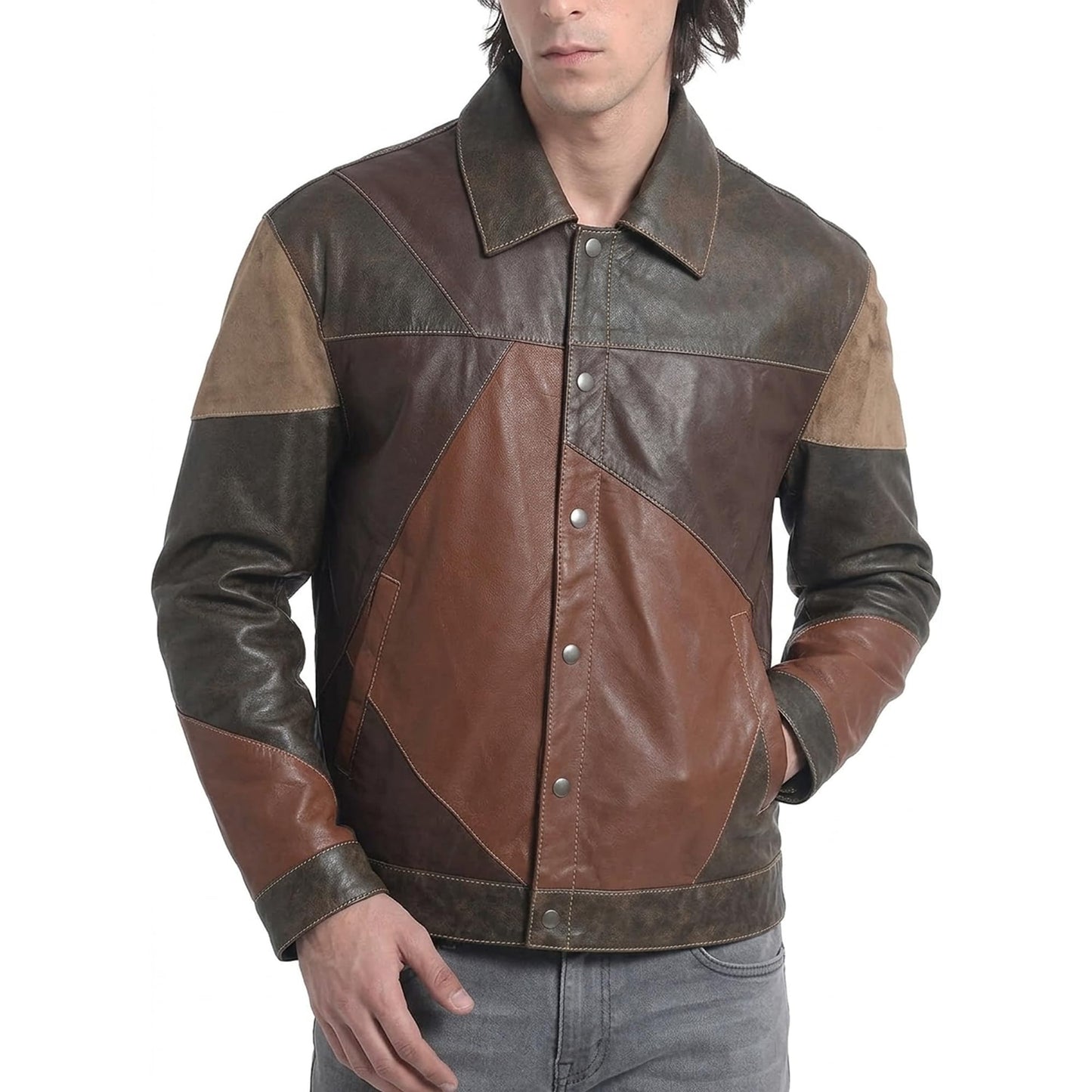 STREGA Men’s Heritage Patchwork Lambskin Leather Jacket – 70s Vintage Rustic Shirt Style, Handmade Multi-Tone Rustic Earth Brown, Button-Front Outerwear (US, Alpha, Large, Regular Fit, Rustic Earth)