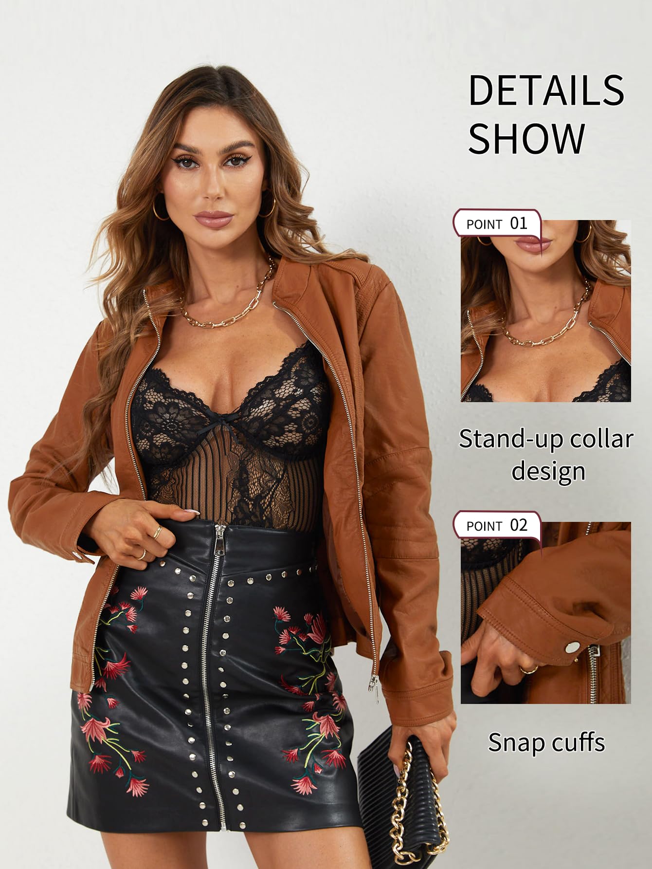 Bellivera Faux Leather Women Motorcycle Stand Collar Jacket Brown L