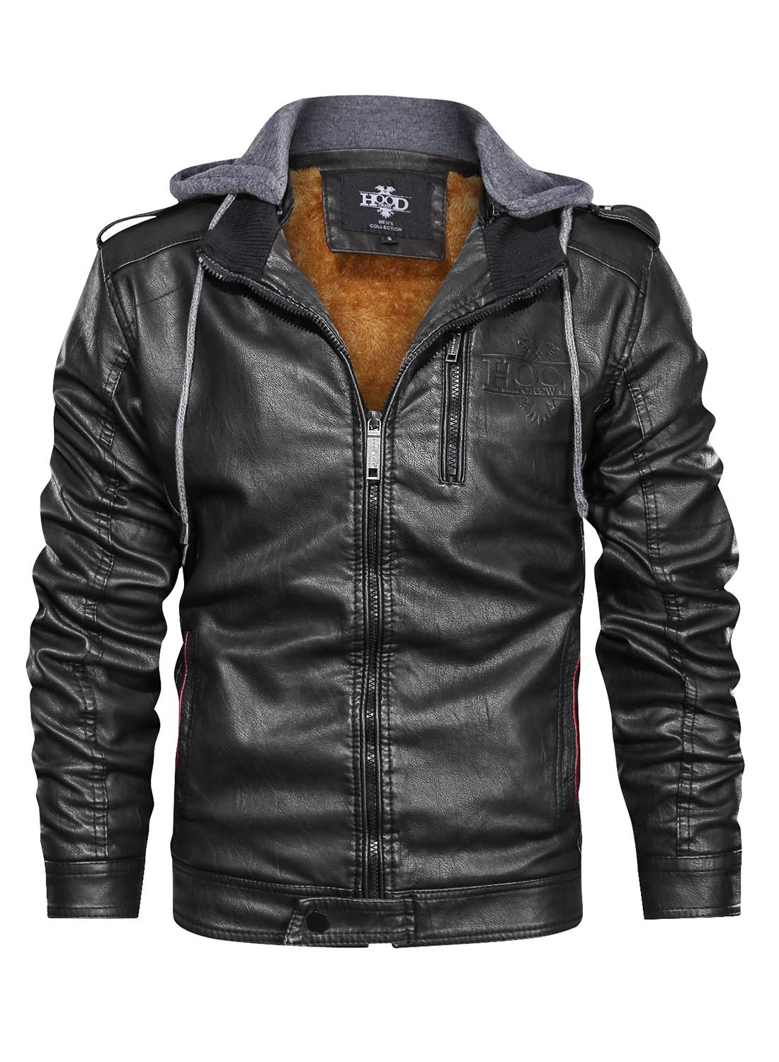 HOOD CREW Men’s Black Stand Collar Warm PU Faux Leather Zip-Up Motorcycle Jacket With a Removable Hood