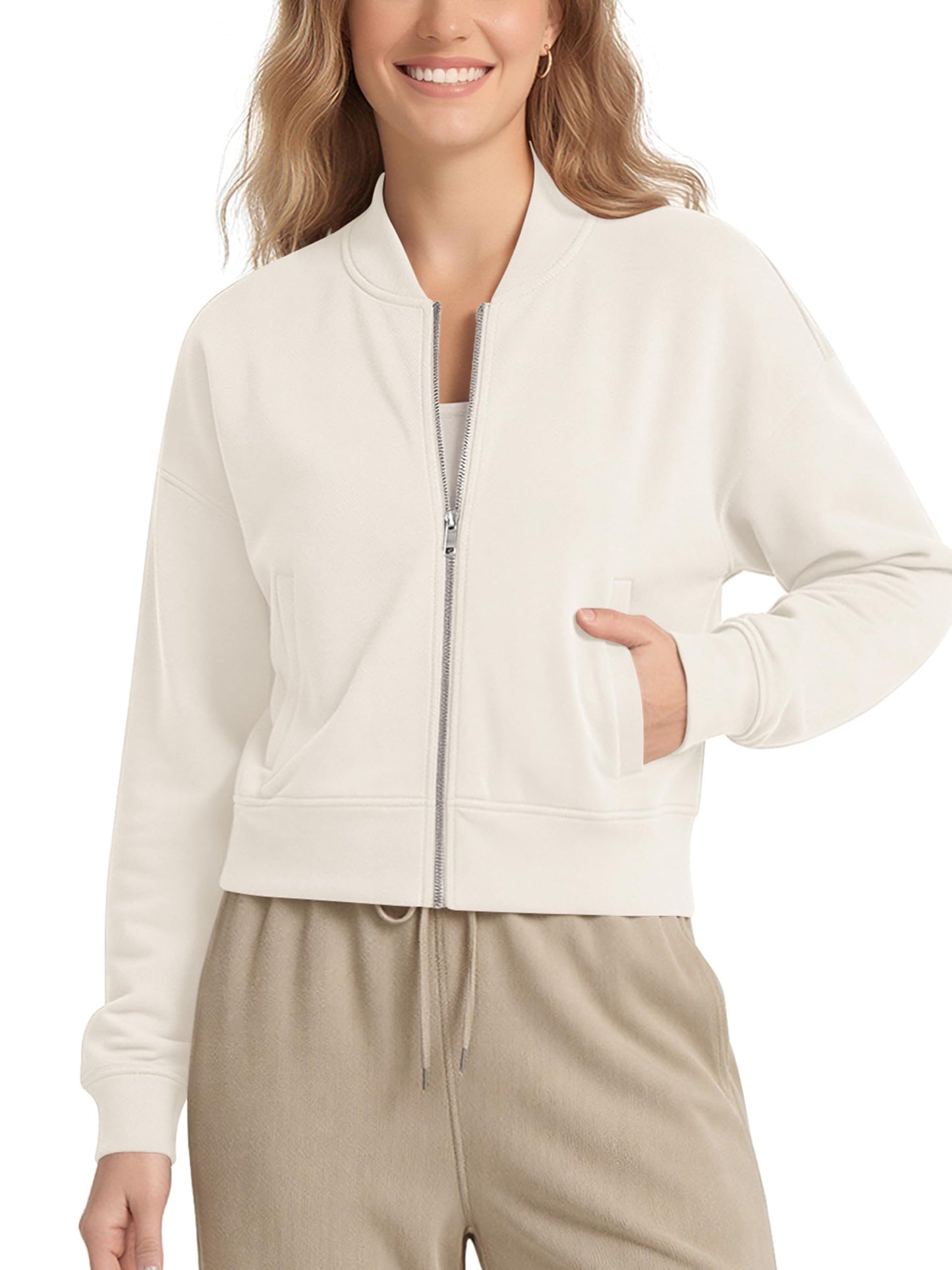 ODODOS Modal Soft Full-Zip Bomber Jacket for Women Long Sleeve Casual Fall Outfit Crop Top with Pockets, Ivory, Large