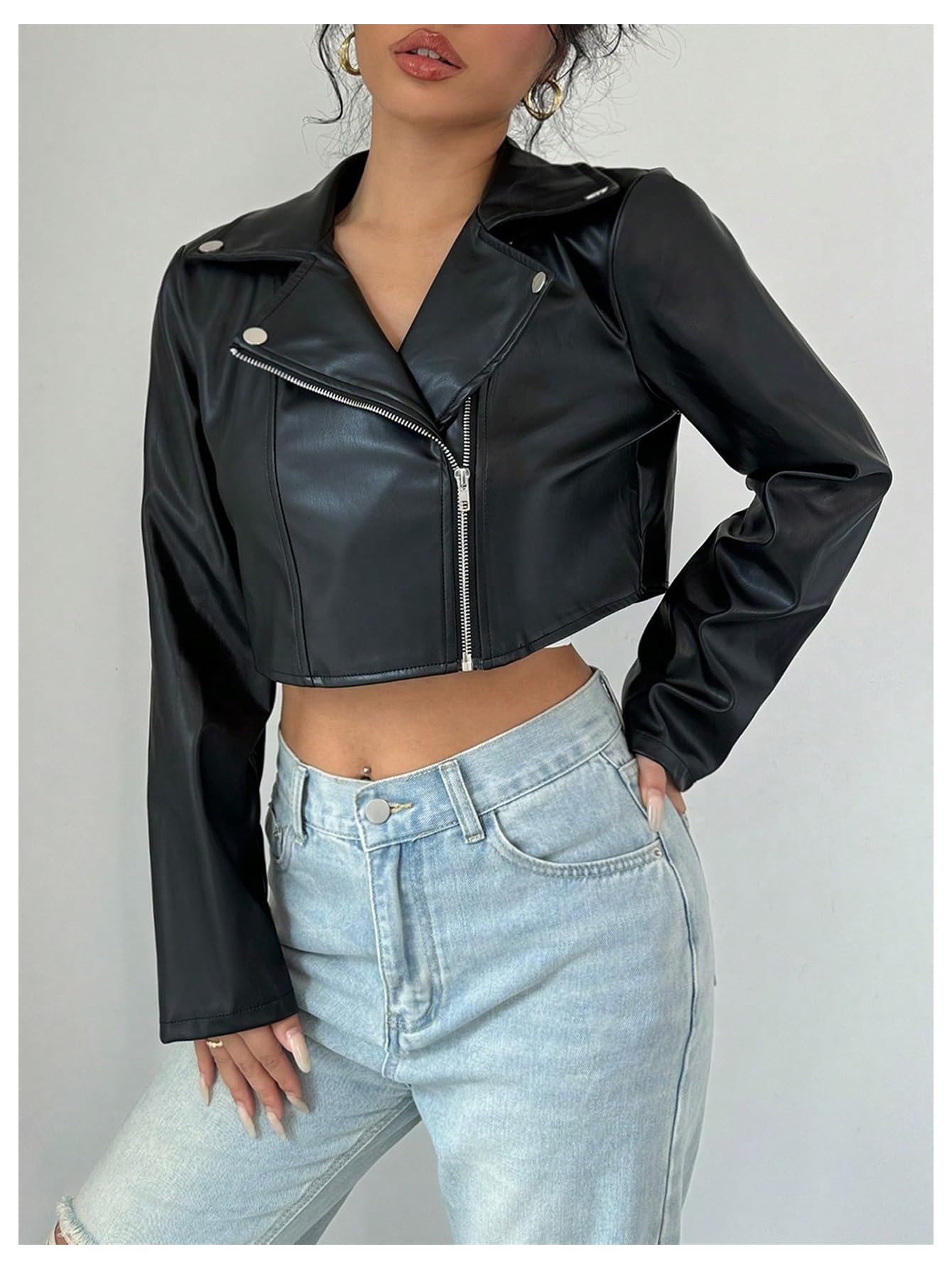 OYOANGLE Women's PU Leather Cropped Jacket Zip Up Motorcycle Jackets Coat Black Small