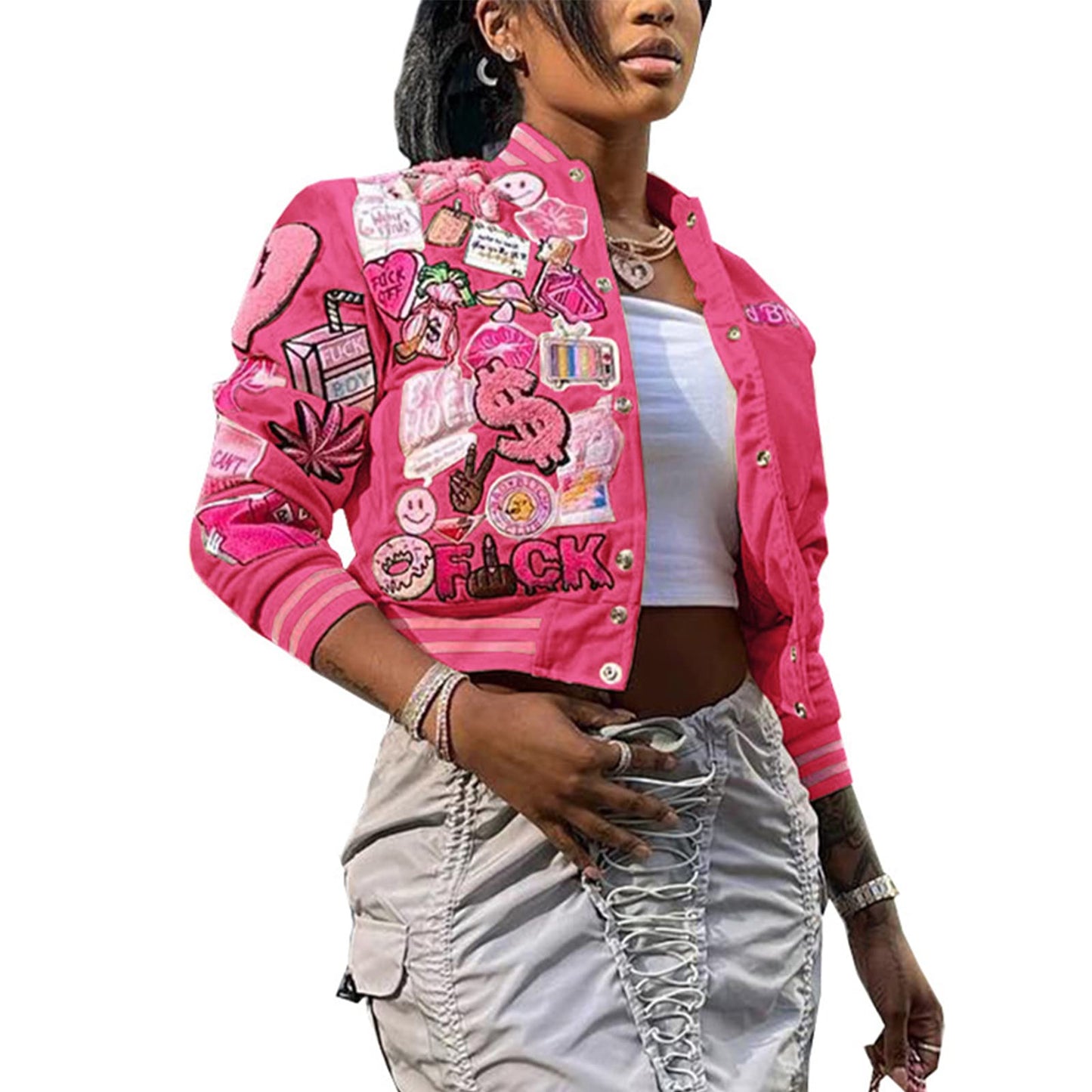 SaytoRose Varsity Jacket Women Print Vintage Patches Letterman Cropped Bomber Jacket Lightweight Dressy Cute Coat(Hot Pink,S)