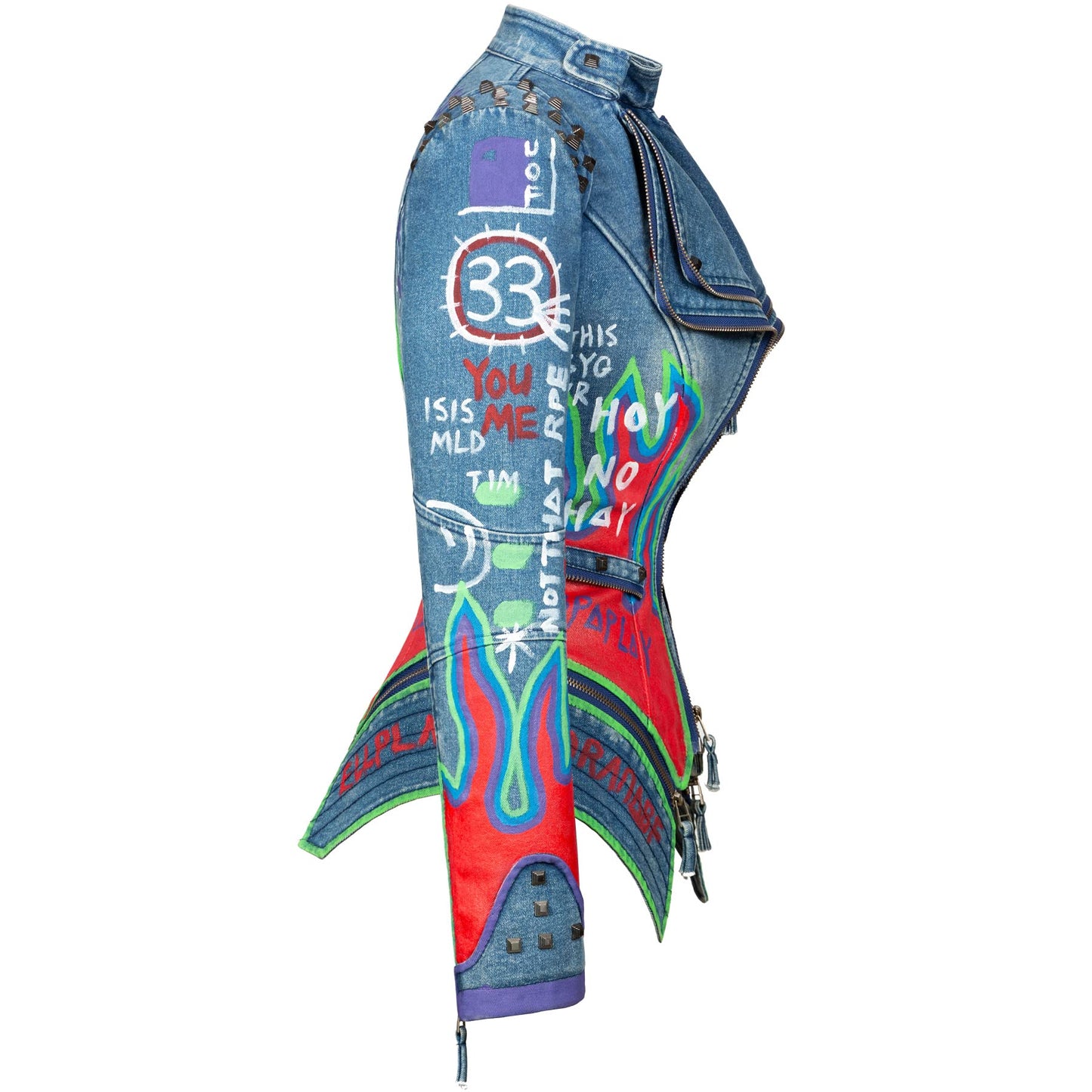 Fashion SX Women's Punk Floral Embroidered short Faux Leather Jacket Hand-painted Moto PU Coat （Blue-S