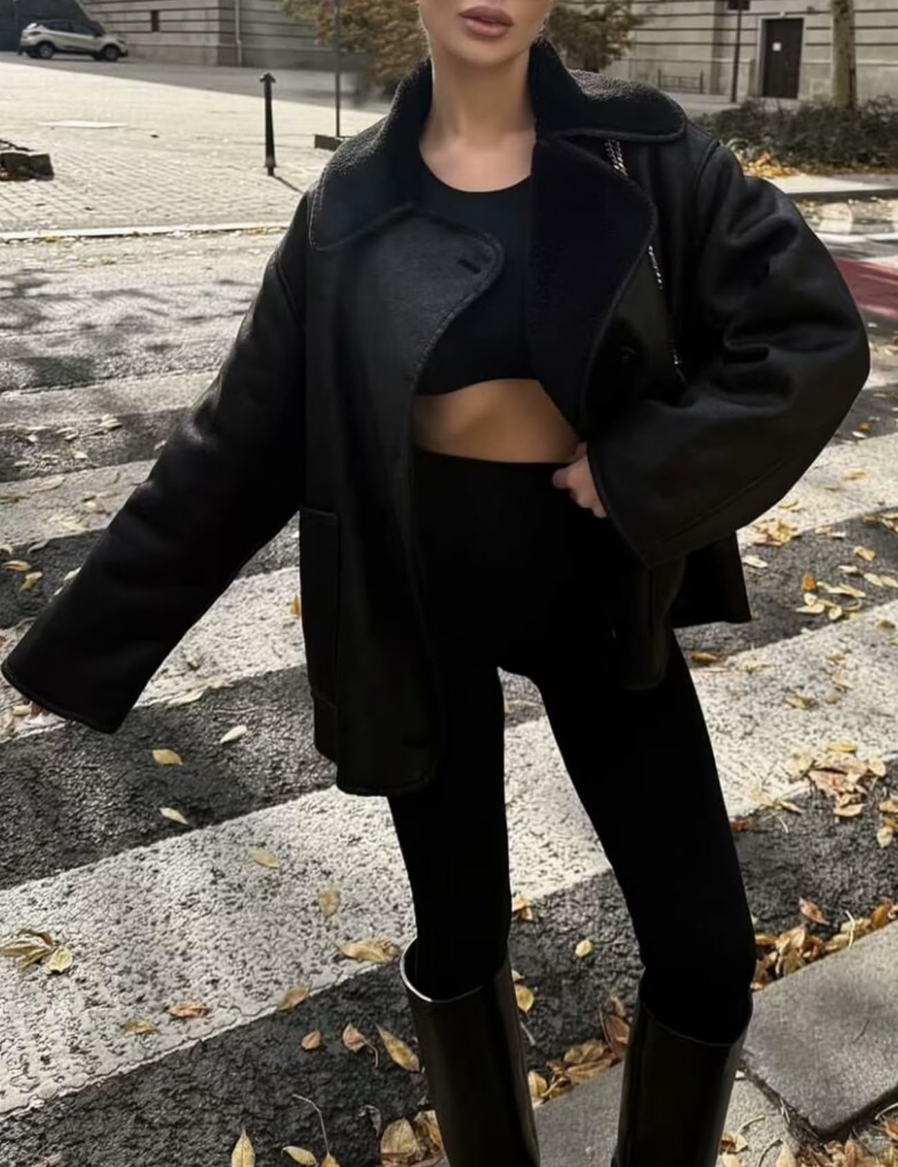 Perbai Women's Lapel Fleece Lined Single Breasted Faux Suede Jacket Oversized Leather Trucker Coat(Black-L)