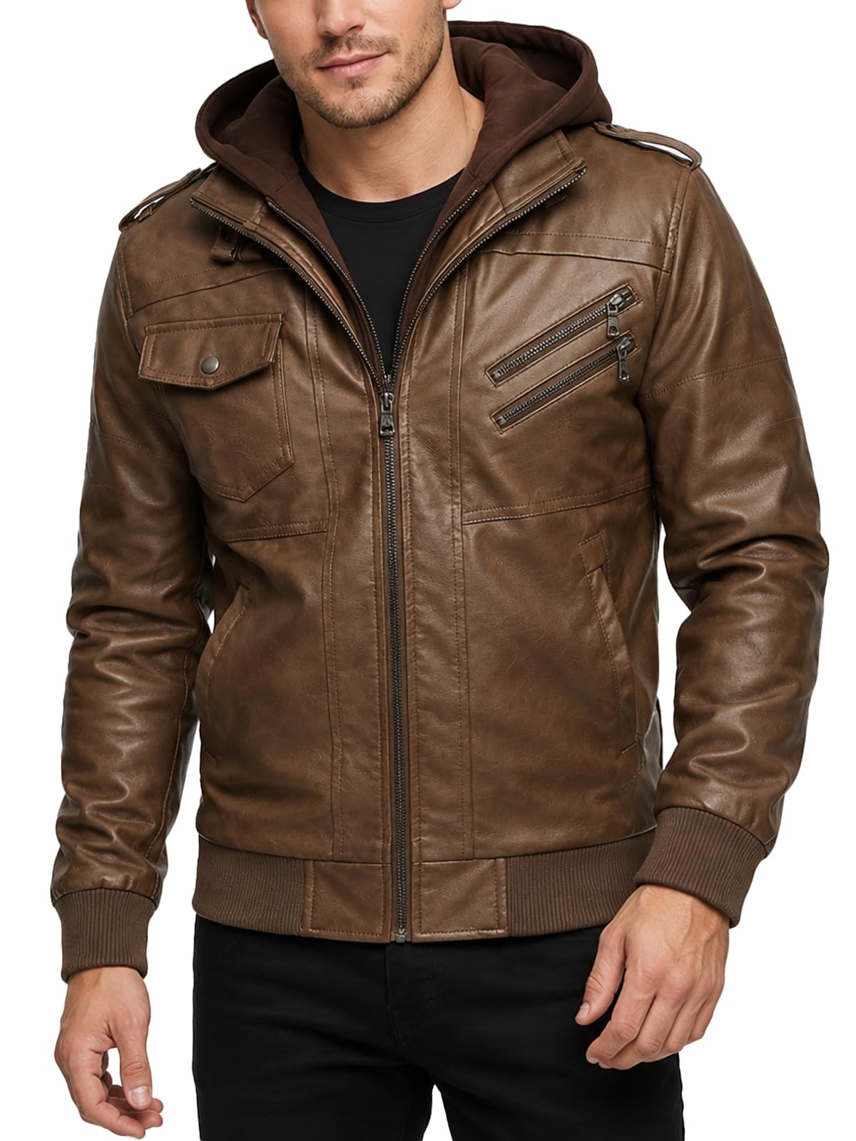 INVACHI Leather Jacket Men Motorcycle Biker Jacket Faux Leather Mens Bomber Jacket with Removable Hood Vintage Outwear