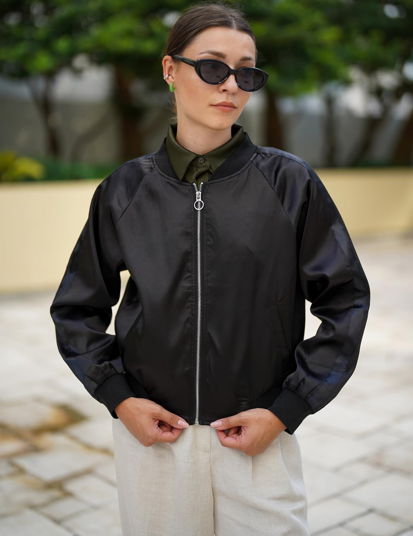 Zeagoo Jackets for Women Classic Solid Striped Biker Jacket Zip Up Fashion Bomber Jacket Coat Pure Black X-Large