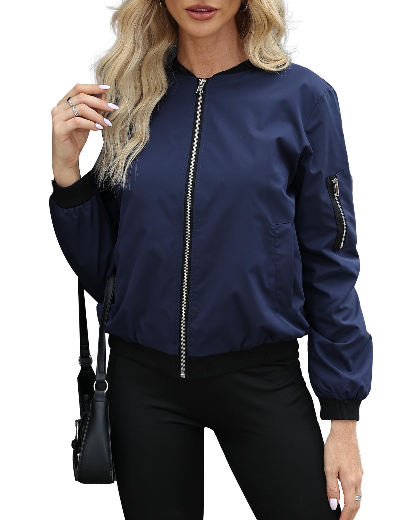 Argstar Women's Bomber Jacket Lightweight Casual Zip Up Outerwear Windbreaker with Pockets Navy Blue L