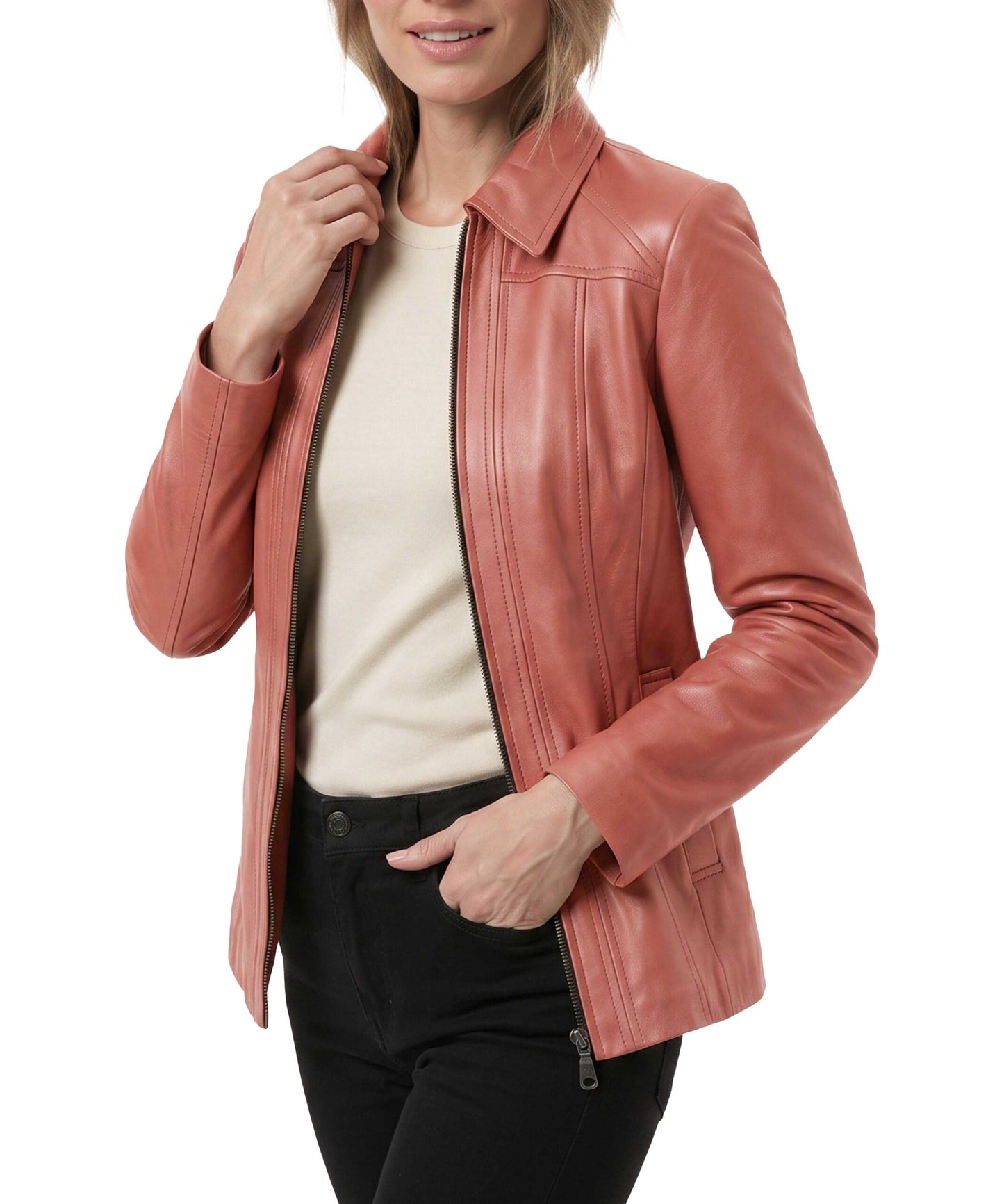 TRENDS GENESIS Pink Leather Car Coat Women Genuine Lambskin Long Leather Jacket Classic Outerwear XL
