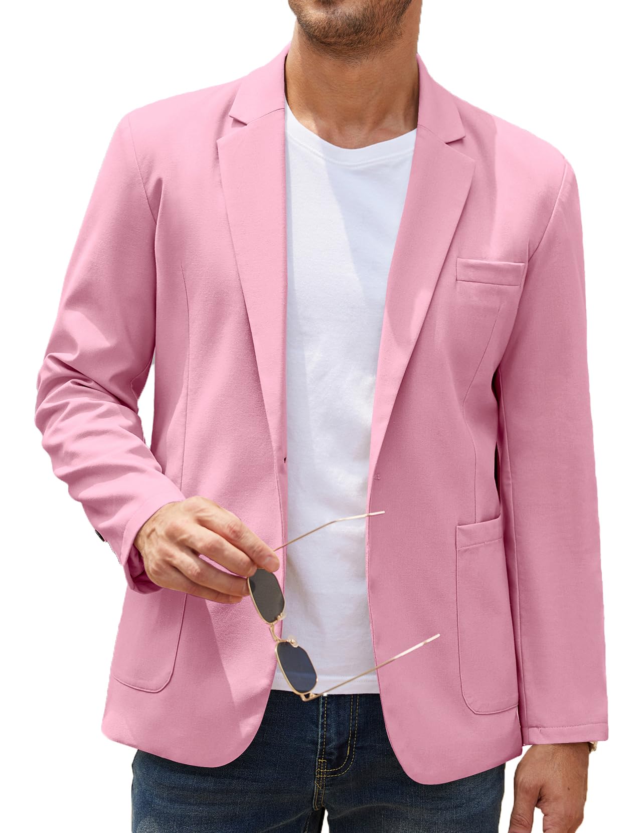 COOFANDY Men's Casual Linen Blazer Lightweight Regular Fit One Button Sport Coat Wedding Suit Jacket Pink