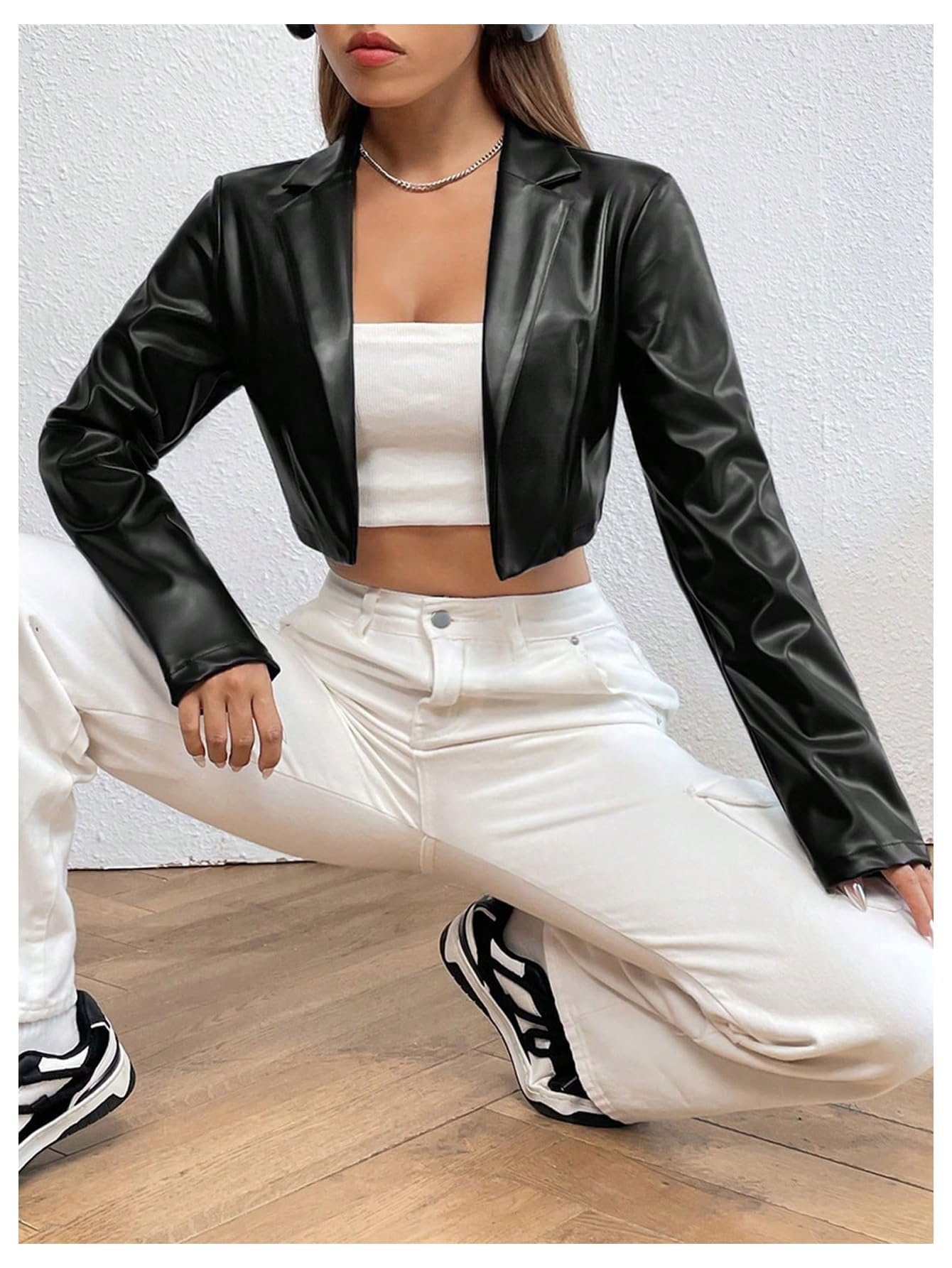GORGLITTER Women's Cropped Faux Leather Jacket Y2k Long Sleeve Open Front Cardigan Bomber Moto Biker Jackets Rave Outfits Black Small