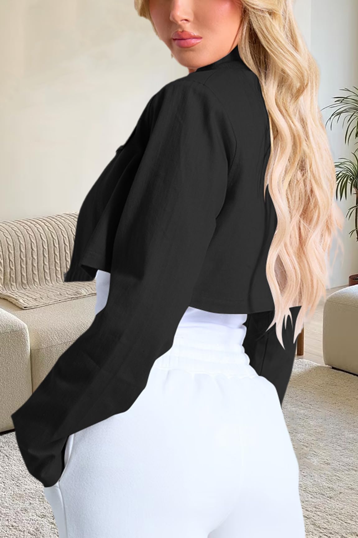 RomMoon Women's Cropped Jacket Casual Zip Up Long Sleeve Lapel Crop Tops Jackets Coat