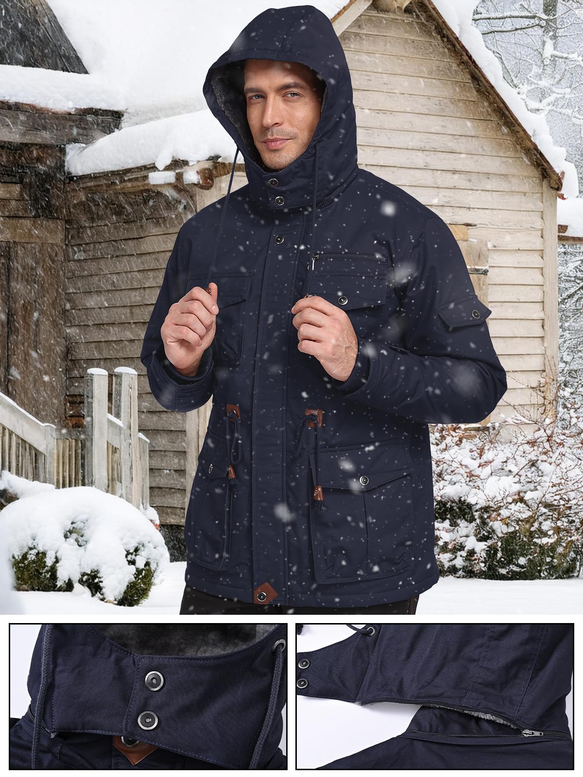 SPOSULEI Winter Jackets for Men Cotton Work Fleece lined warm Army Jacket Heavy Winter Military Coat with 9 Pockets Dark Blue M