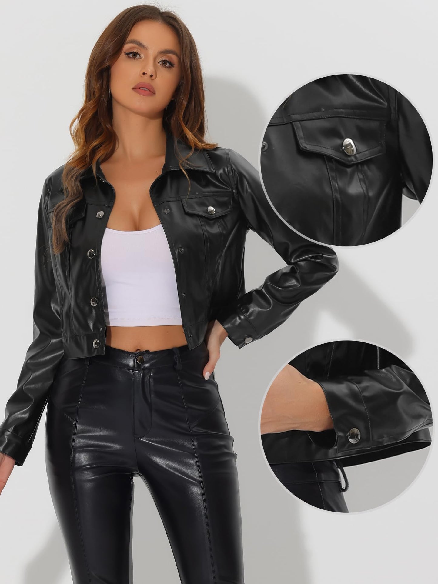 Allegra K Cropped Faux Leather Jacket for Women Casual PU Motorcycle Outwear Moto Biker Coat Jackets Medium Black