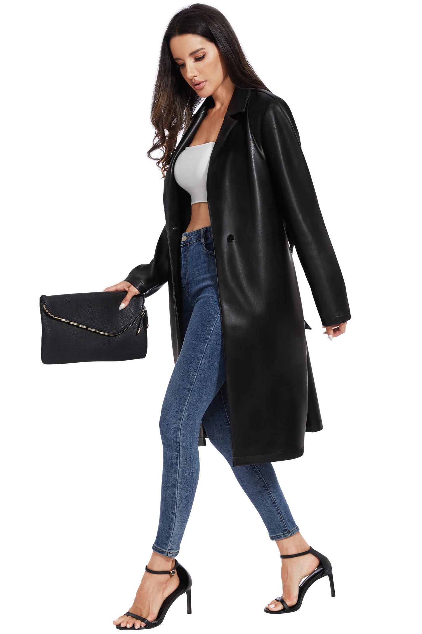 Fahsyee Women's Faux Leather Trench Coat, Motorcycle Jackets PU Moto Biker Outwear Fitted Slim Jacket Black Size XL