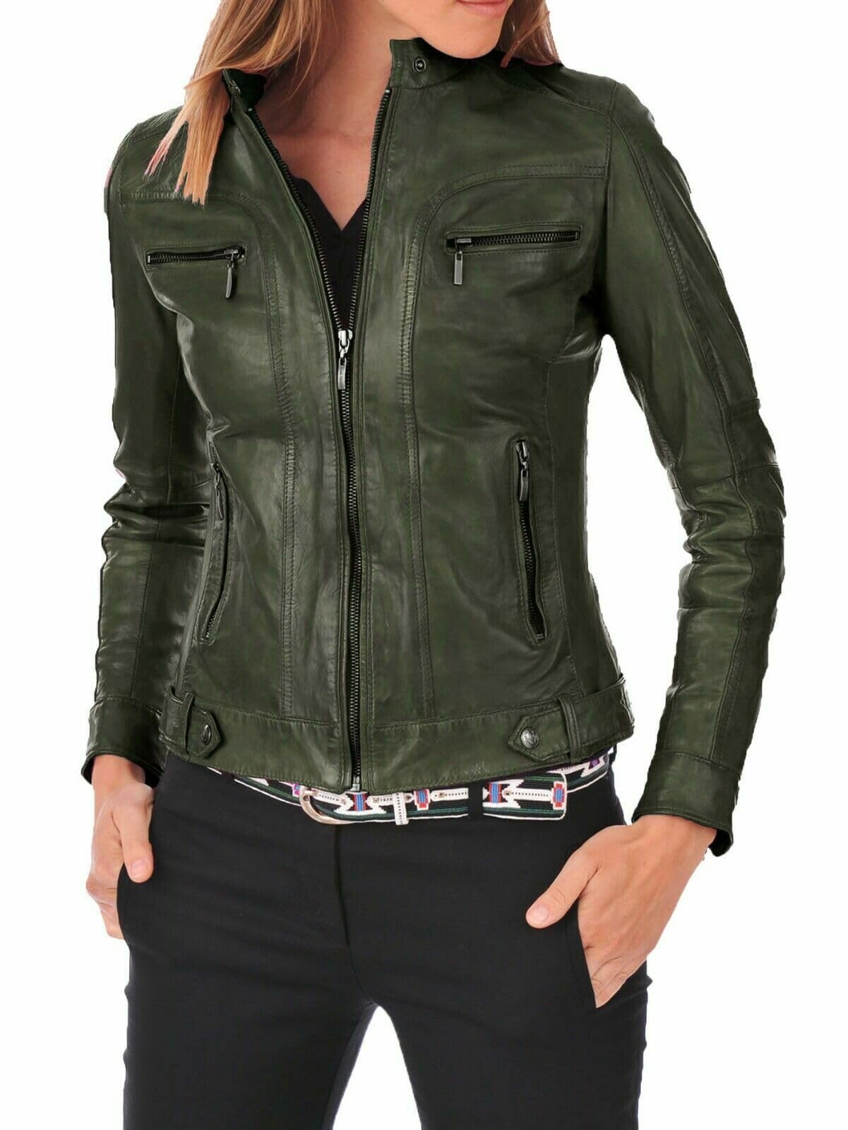 Luis Women's Lambskin Leather Green Bomber Biker Jacket