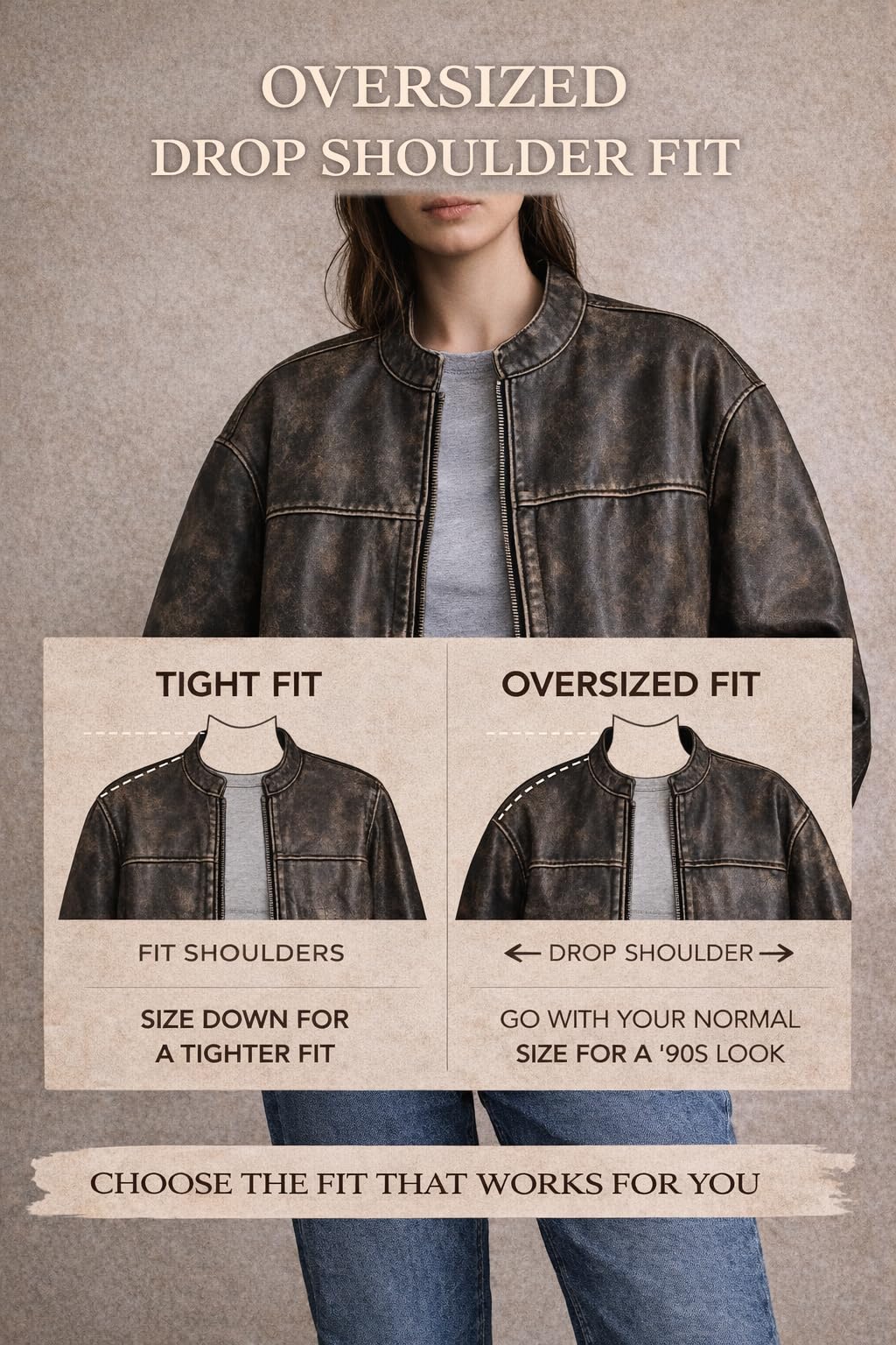 Women’s Oversized Vintage Leather Bomber Jacket – Genuine Lambskin, Distressed, Drop-Shoulder, Zip-Front (Medium)