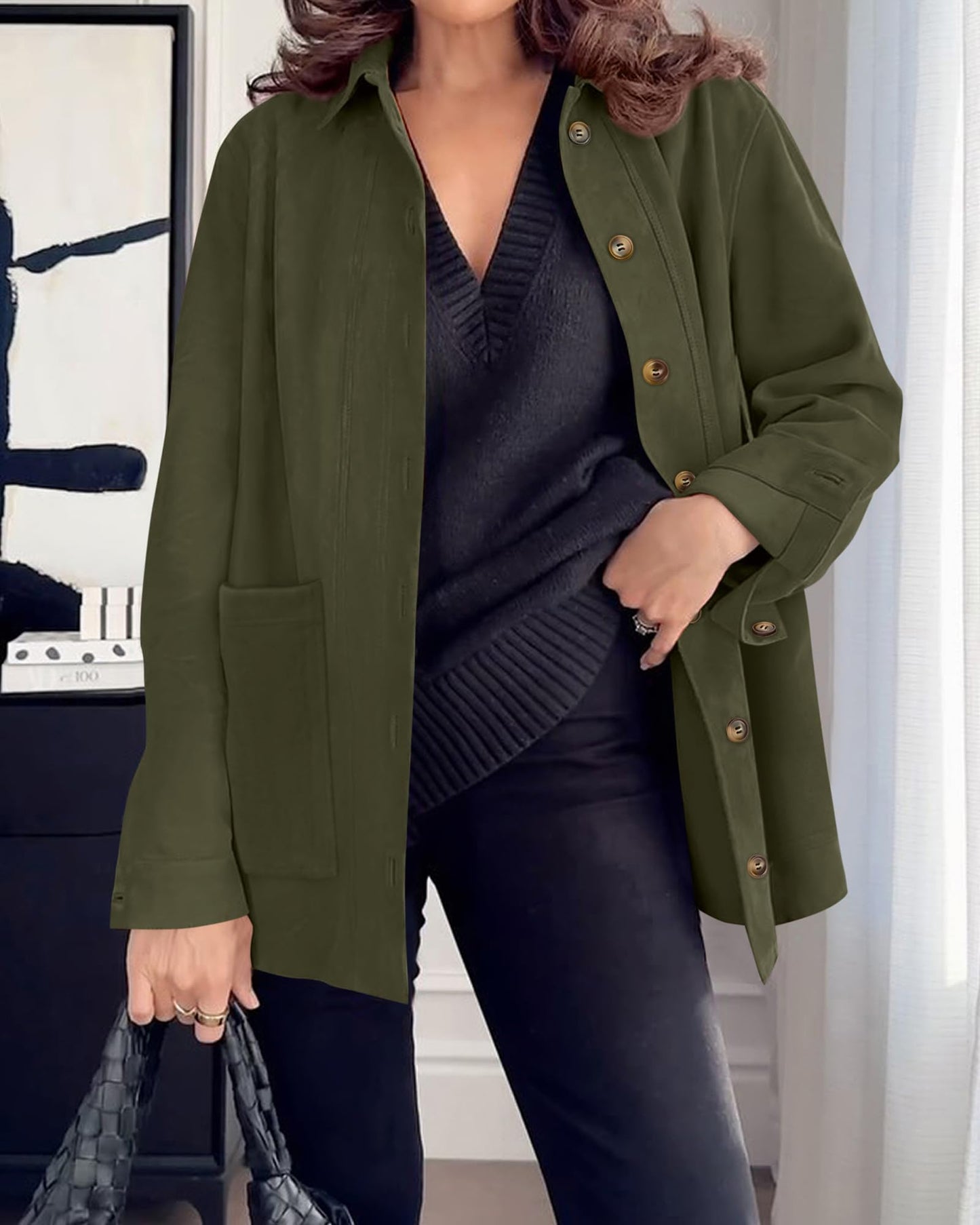 BTFBM Faux Suede Jacket Women Fall Fashion 2026 Leather Jackets Long Sleeve Button Down Winter Coats Shackets Outerwear(Army Green, Large)