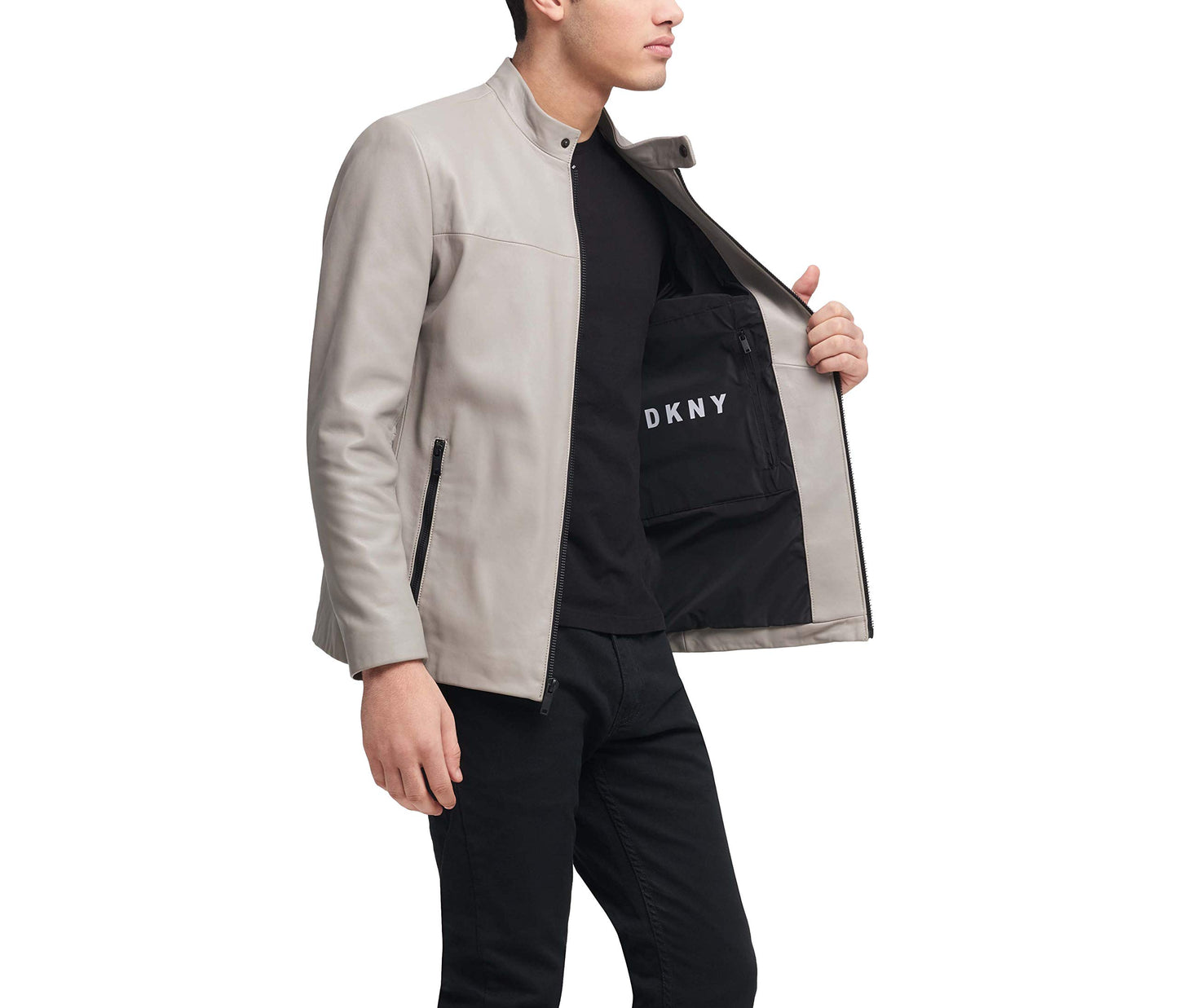 DKNY Men's Modern Lamb Leather Racer Jacket, Elephant, XX-Large