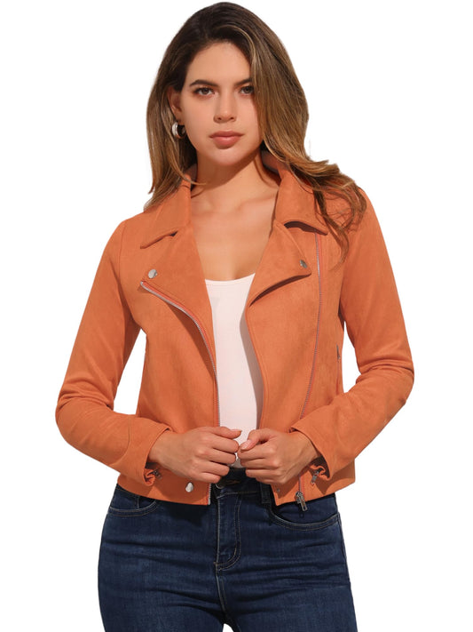 Allegra K Women Short Soft Zip Up Faux Suede Biker Moto Jacket Small Orange