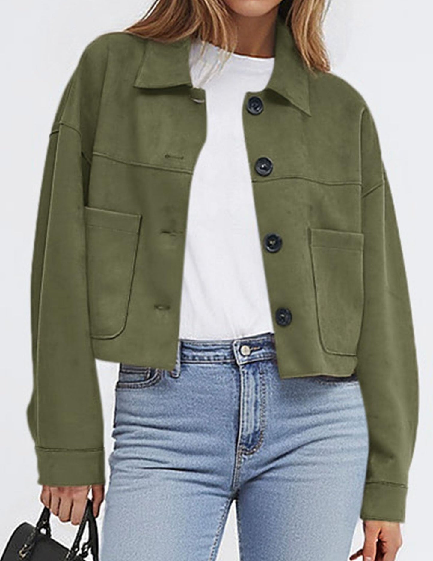 PRETTYGARDEN Women's Faux Suede Cropped Jacket Casual Lightweight Fall Fashion 2026 Winter Coats Outerwear Trendy Clothes (Army Green,Small)