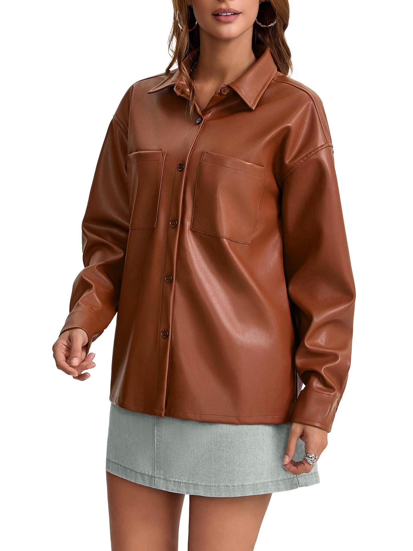 Haianguoji Women's Faux Leather Button-Down Shirt Jacket Lightweight Long Sleeve PU Blouse Shacket Tops (Brown, M)