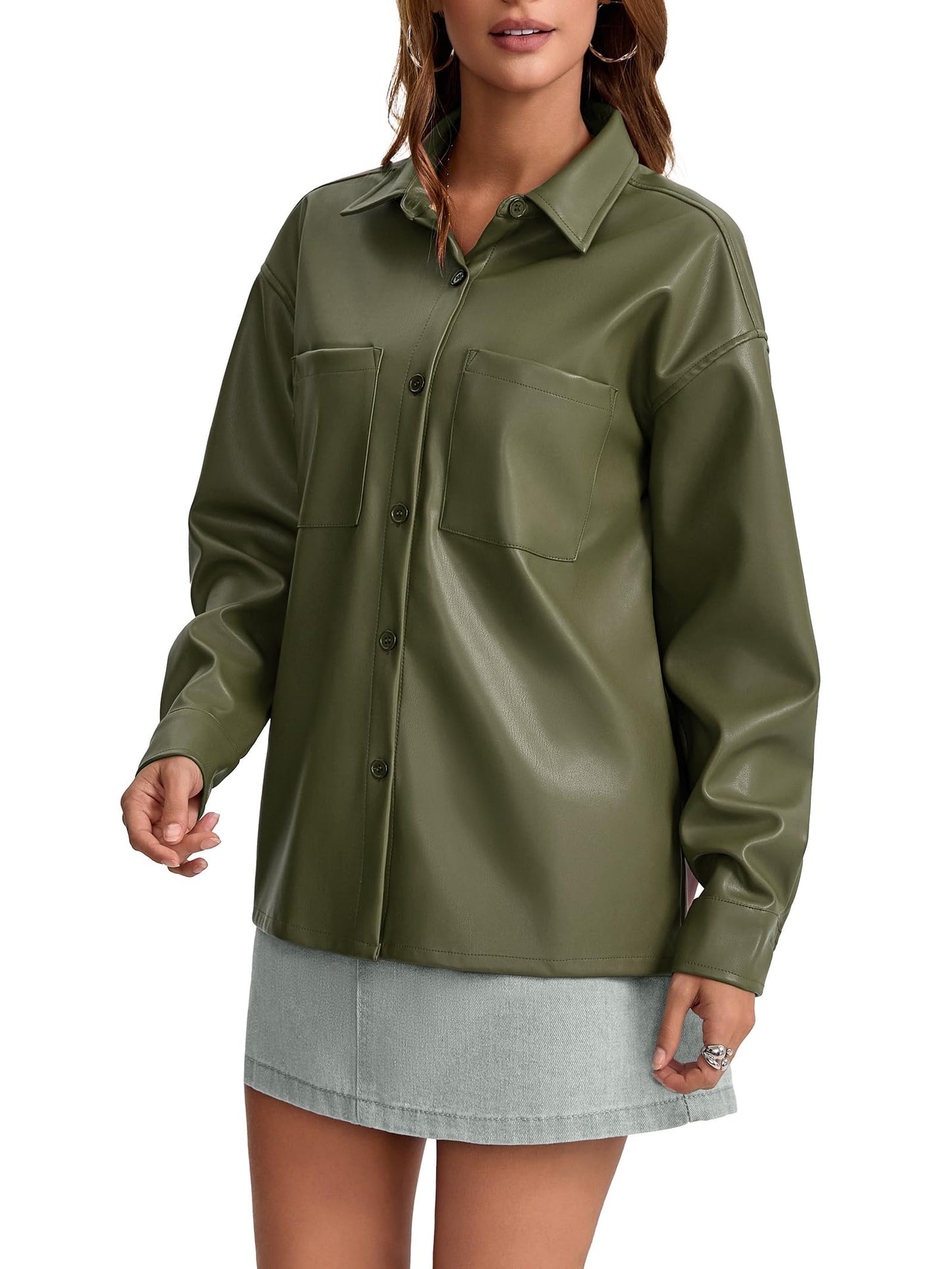 Haianguoji Women's Faux Leather Button-Down Shirt Jacket Lightweight Long Sleeve PU Blouse Shacket Tops (Green, M)