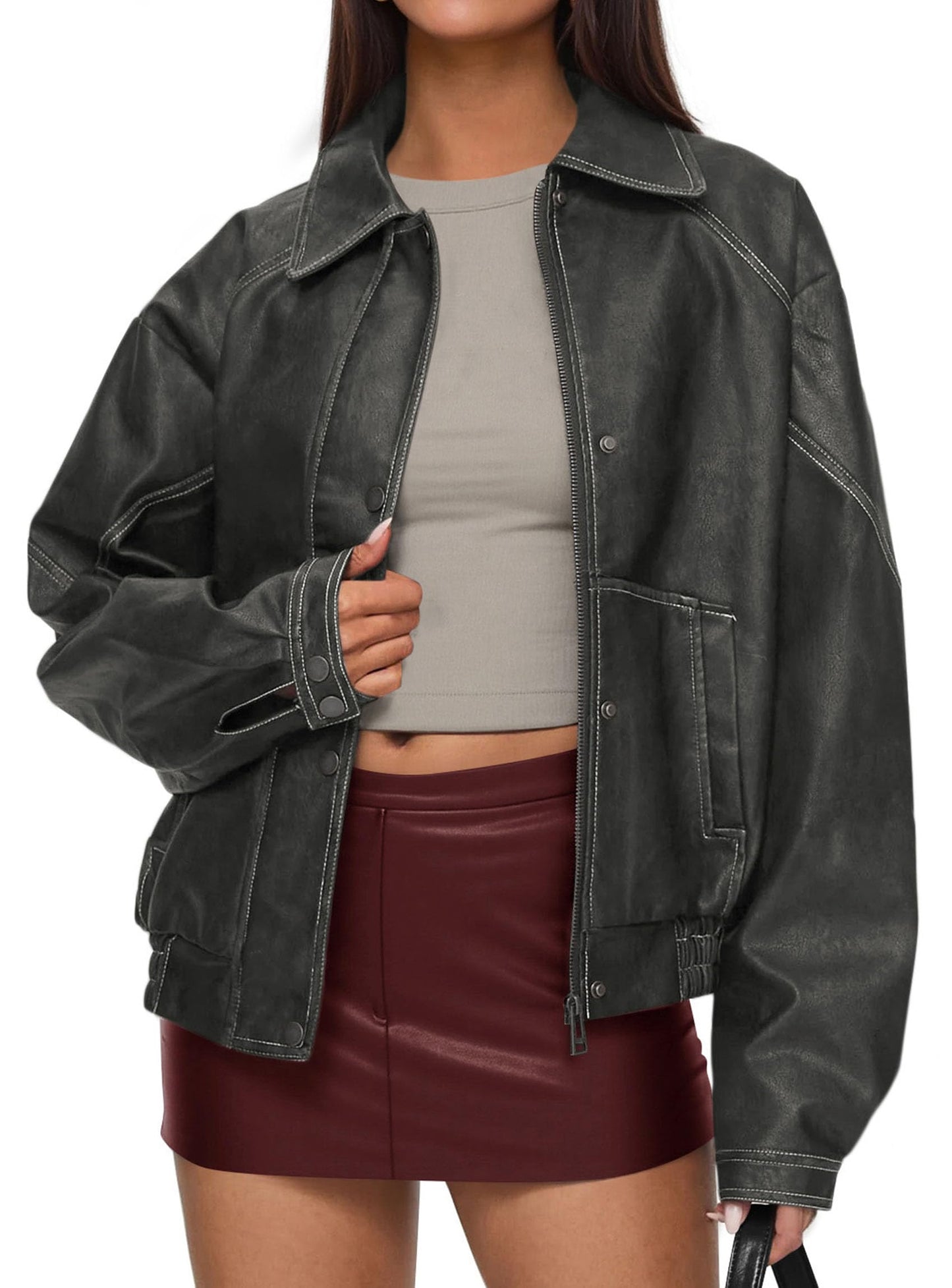 PRETTYGARDEN Faux Leather Jacket Women Bomber Motorcycle Zip Up Jackets Oversized Fall Fashion Outfits 2026 Winter Coats (Grey,Small)