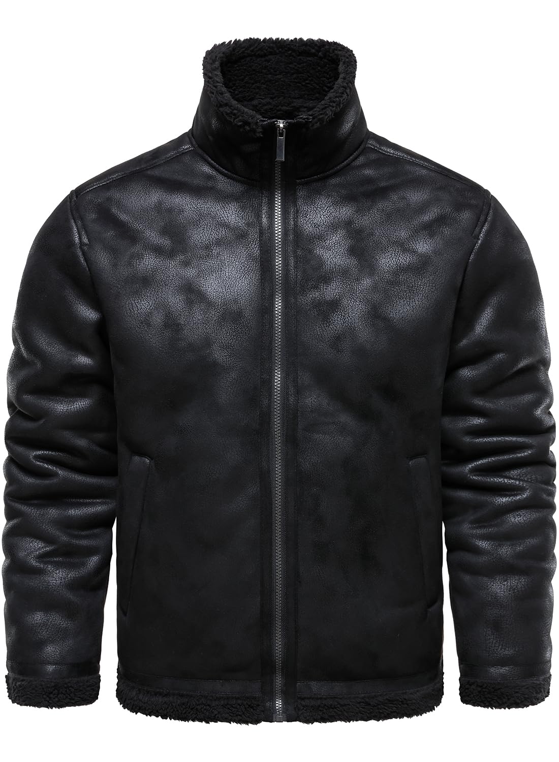 HOOD CREW Men’s Vintage Distressed Jacket Winter Warm Faux Shearling Leather Bomber Jackets Motorcycle Biker Coats Black M