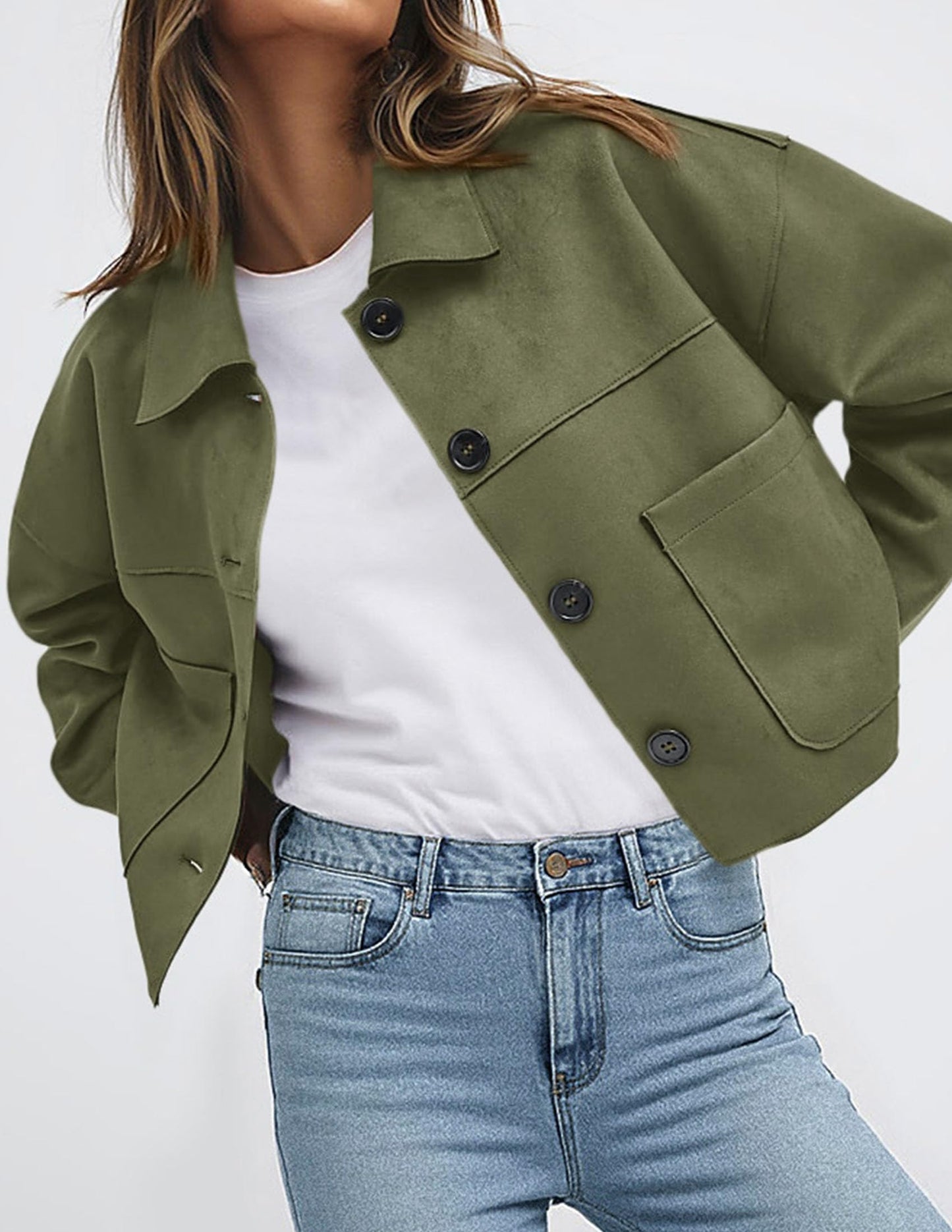 PRETTYGARDEN Women's Faux Suede Cropped Jacket Casual Lightweight Fall Fashion 2026 Winter Coats Outerwear Trendy Clothes (Army Green,Small)