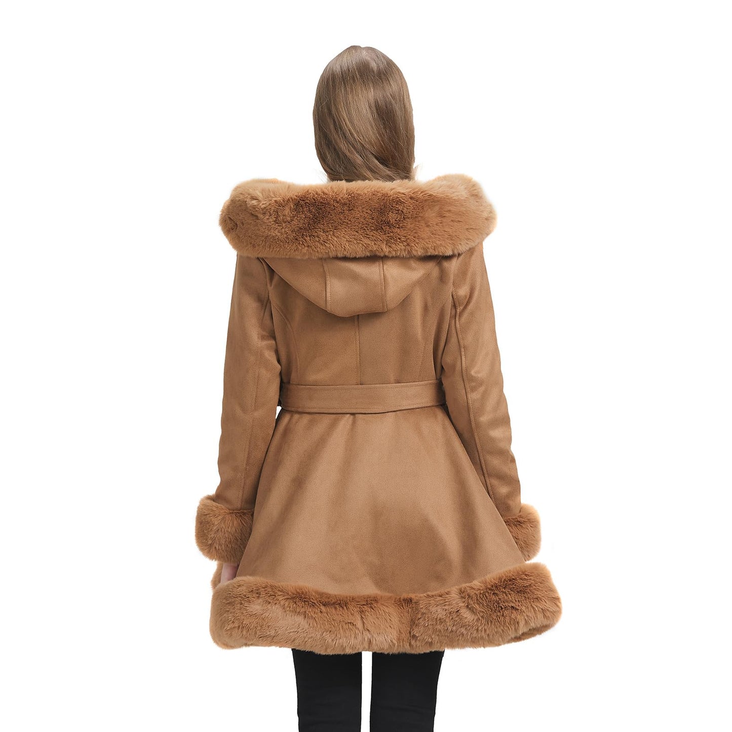 GRAN ORIENTE Beige Suede Jacket for Women with Faux Fur Collar,Long Sleeve Warm Winter Parka Coat with Belt Outerwear(056 Beige M)