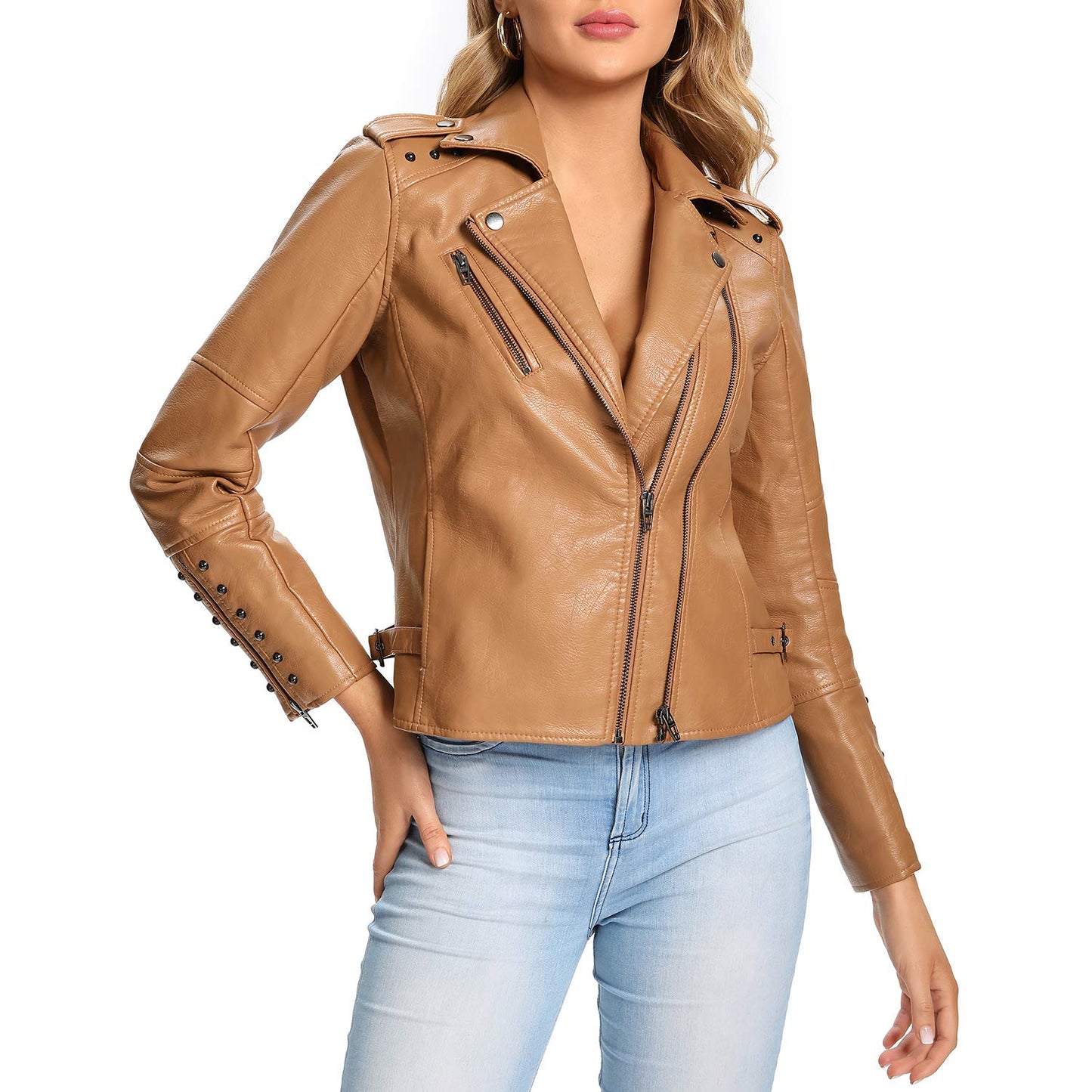S P Y M Womens Faux Leather Jacket, Double Zip Up Coat, Moto Biker Outwear with Rivets, Regular and Plus Size