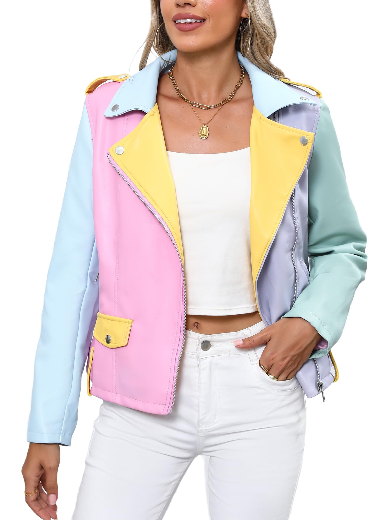 Bellivera Women's Faux Leather Casual Short Jacket Moto Fall Coat with Pockets R23002 Multicolor L