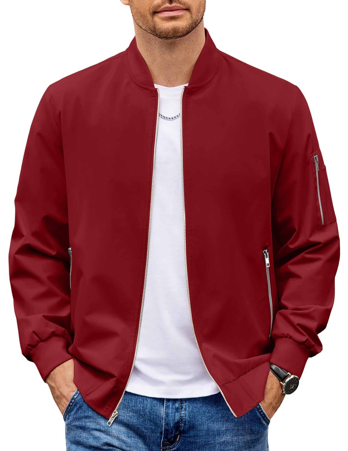 COOFANDY Bomber Jacket Lightweight Casual Windbreaker Red Spring Fall Zip Up Jackets Polyester Coat With Pocket L