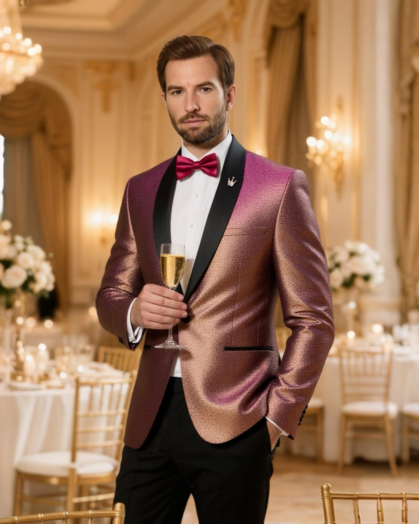 YND Men's Shiny Tuxedo Jacket, Sequin Slim Fit Blazer, One-Button Shawl Lapel Suit for Party, Prom, Wedding, Dinner Gold-Pink