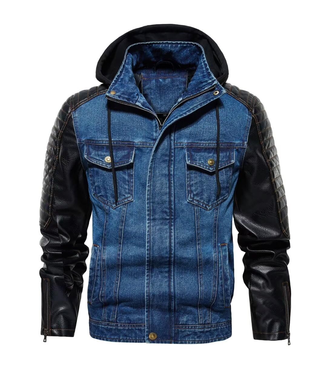 FTIMILD Mens Denim Jacket with Pu Leather Patchwork Biker Jacket with Detachable Hood Jean Jacket with Multiple Pockets