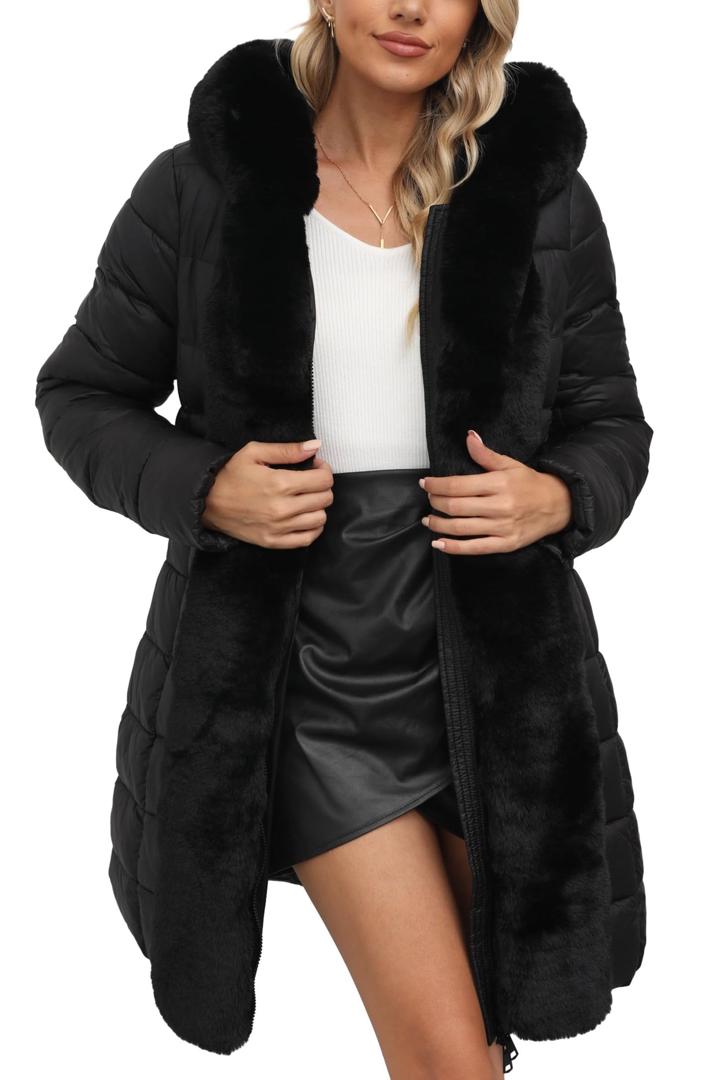 Bellivera Women Faux Leather Winter Trendy puffer jacket water-resistant Thicken Bubble Coat with Fur Hood and Belt 083 BLACK XL