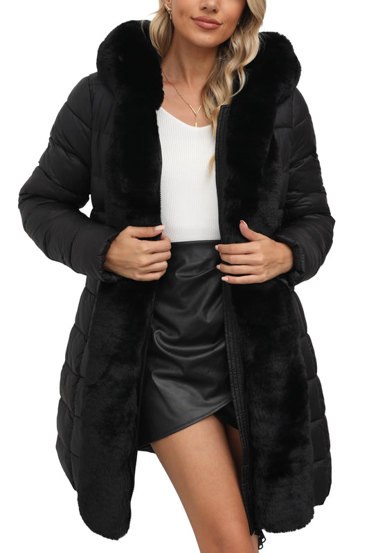 Bellivera Women Faux Leather Winter Trendy puffer jacket water-resistant Thicken Bubble Coat with Fur Hood and Belt 083 BLACK XL