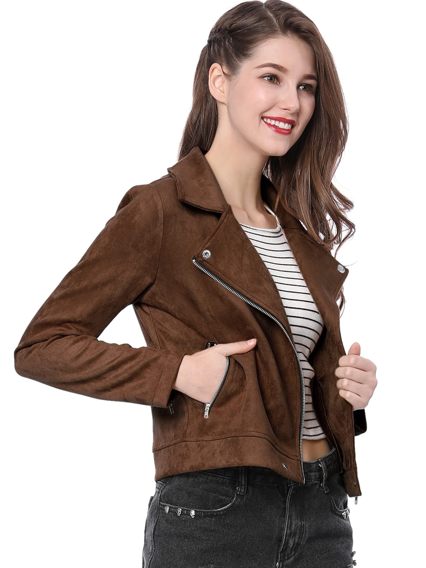 Allegra K Women Short Soft Zip Up Faux Suede Biker Moto Jacket Small Dark Brown