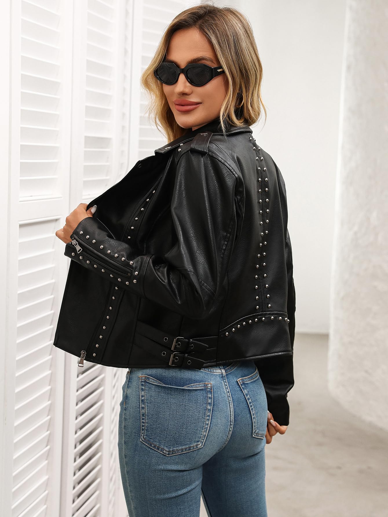 LY VAREY LIN Studded Faux Leather Moto Jacket Women Black PU Biker Coat with Rivets Punk Style