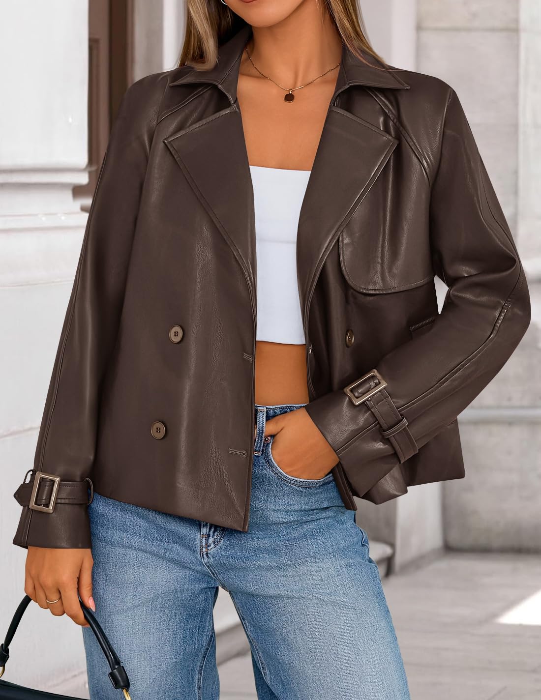 ZESICA Women's Faux Leather Jackets Oversized Fall Fashion Button Motorcycle Coats Outwear 2026 Winter Outfits Clothes,Brown,Medium