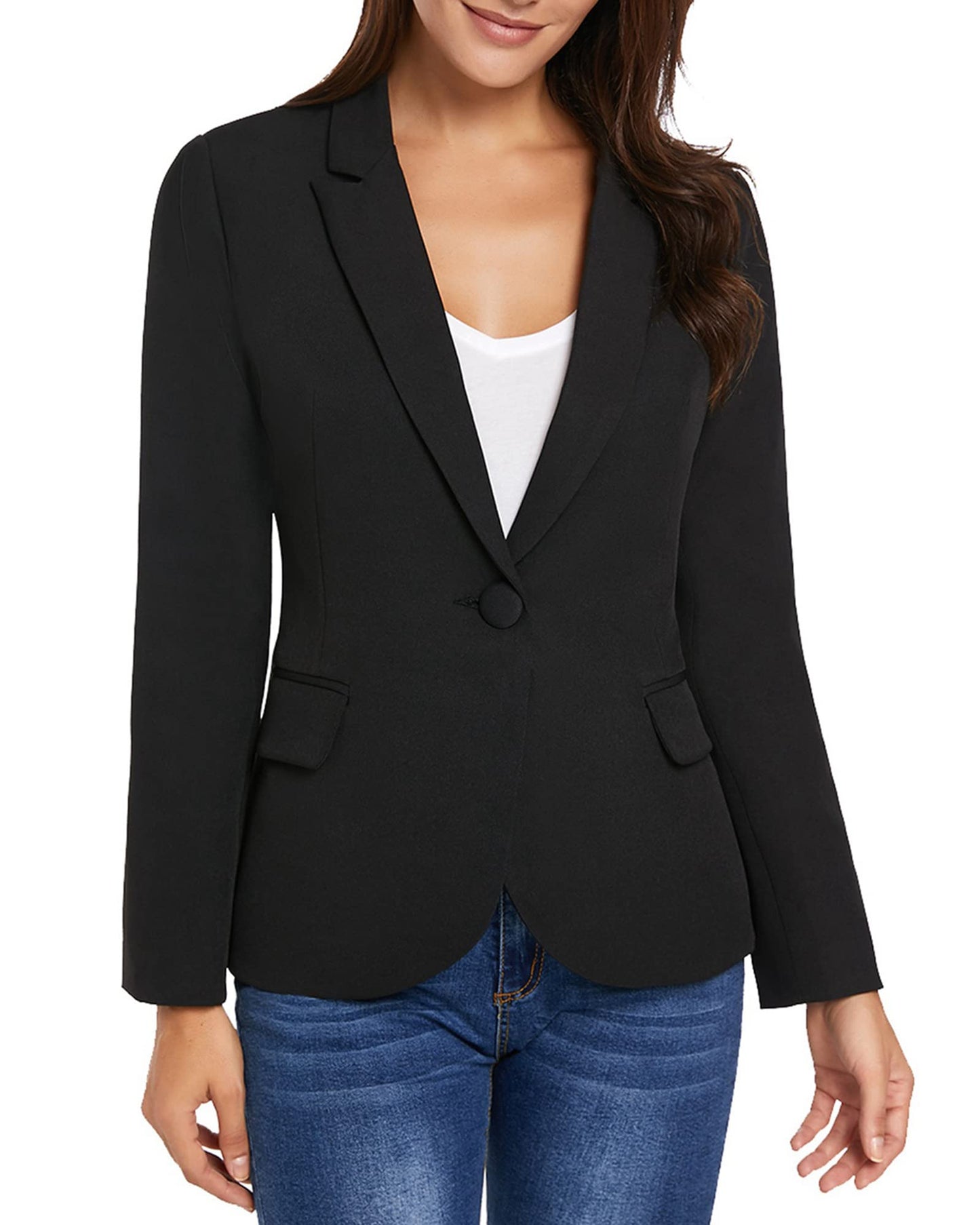 luvamia Women's Notched Lapel Neck Long Sleeves One Button Pocketed Blazer Jacket Wear to Work Suit Tuxedo for Women Womens Slim Fit Casual Work Office Business Blazers New Black Size XXL