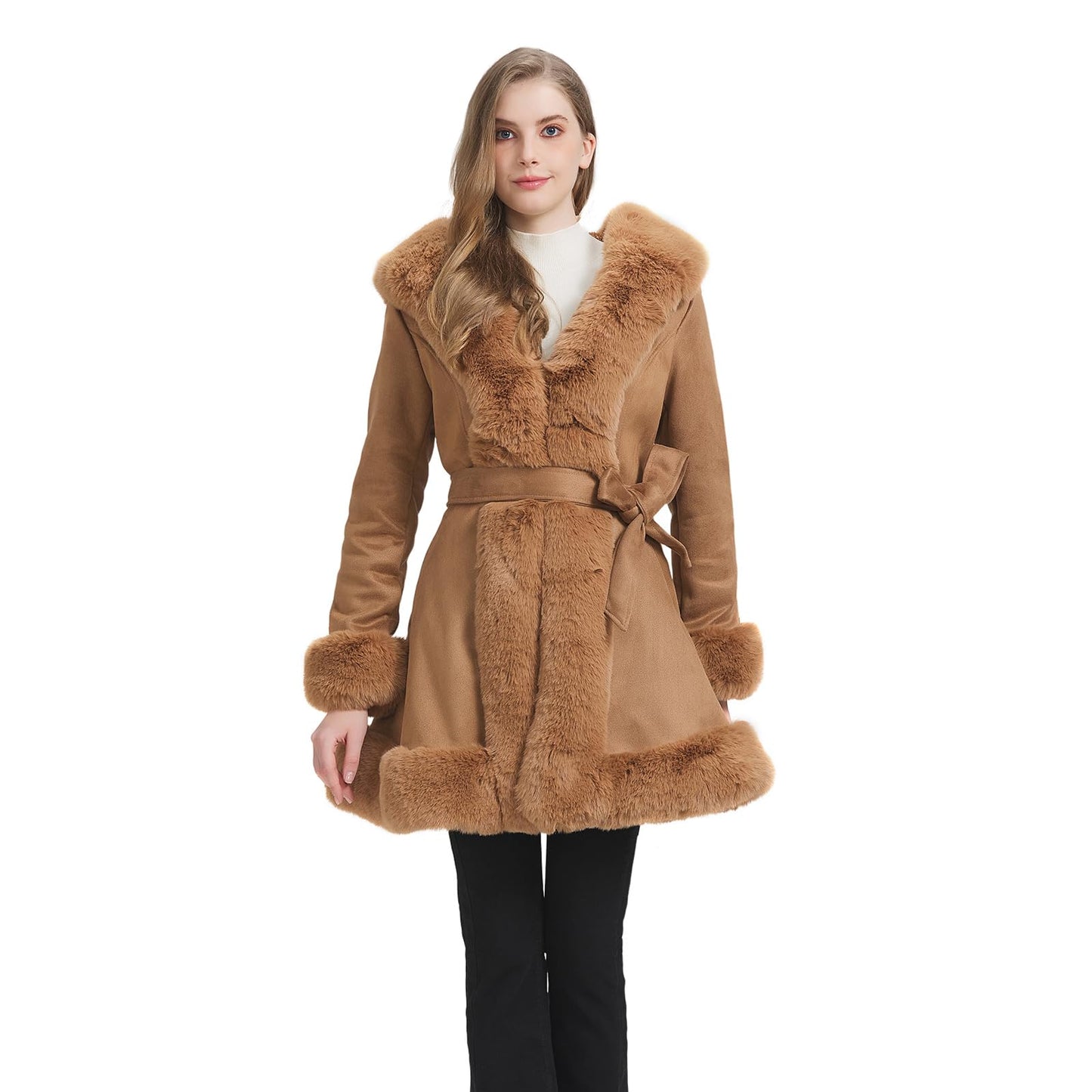 GRAN ORIENTE Beige Suede Jacket for Women with Faux Fur Collar,Long Sleeve Warm Winter Parka Coat with Belt Outerwear(056 Beige M)