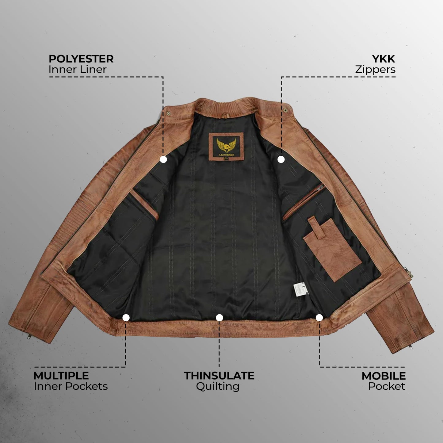 Leatherick Mens Distressed Tan Brown Genuine Leather Cafe Racer Biker Jacket Retro Style Vintage Jacket (US, Alpha, Large, Regular, Regular, Tan Brown)