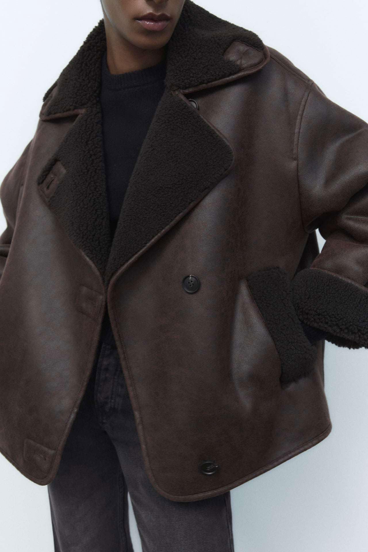 chouyatou Women's Winter Sherpa Lined Faux Leather Jacket Casual Motorcycle Oversized Leather Jacket (Medium, Brown)