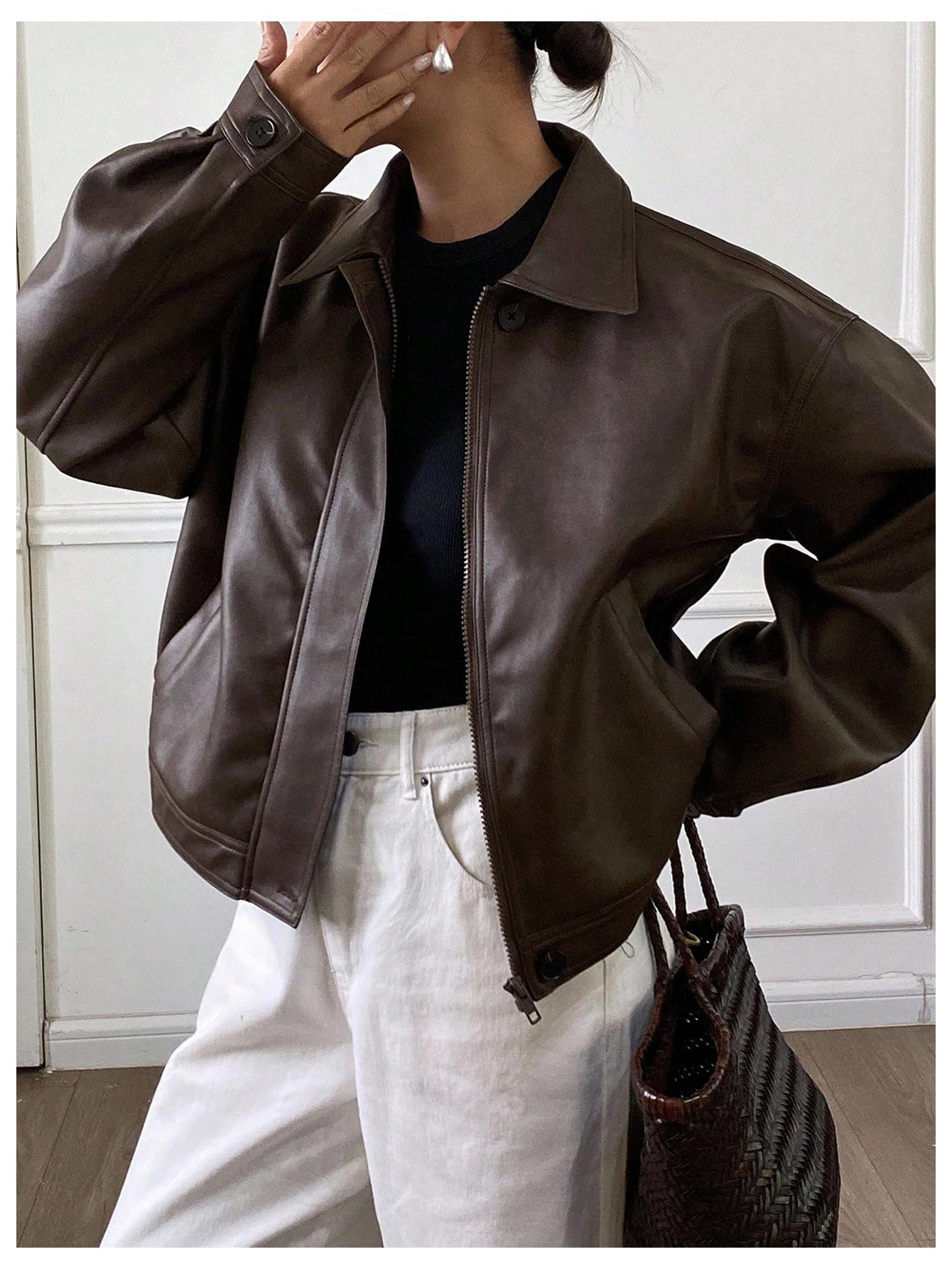 Milumia Women's Y2k Faux Leather Zip Up Jacket Lapel Collar Long Sleeve Motorcycle Jackets with Pockets Brown Large