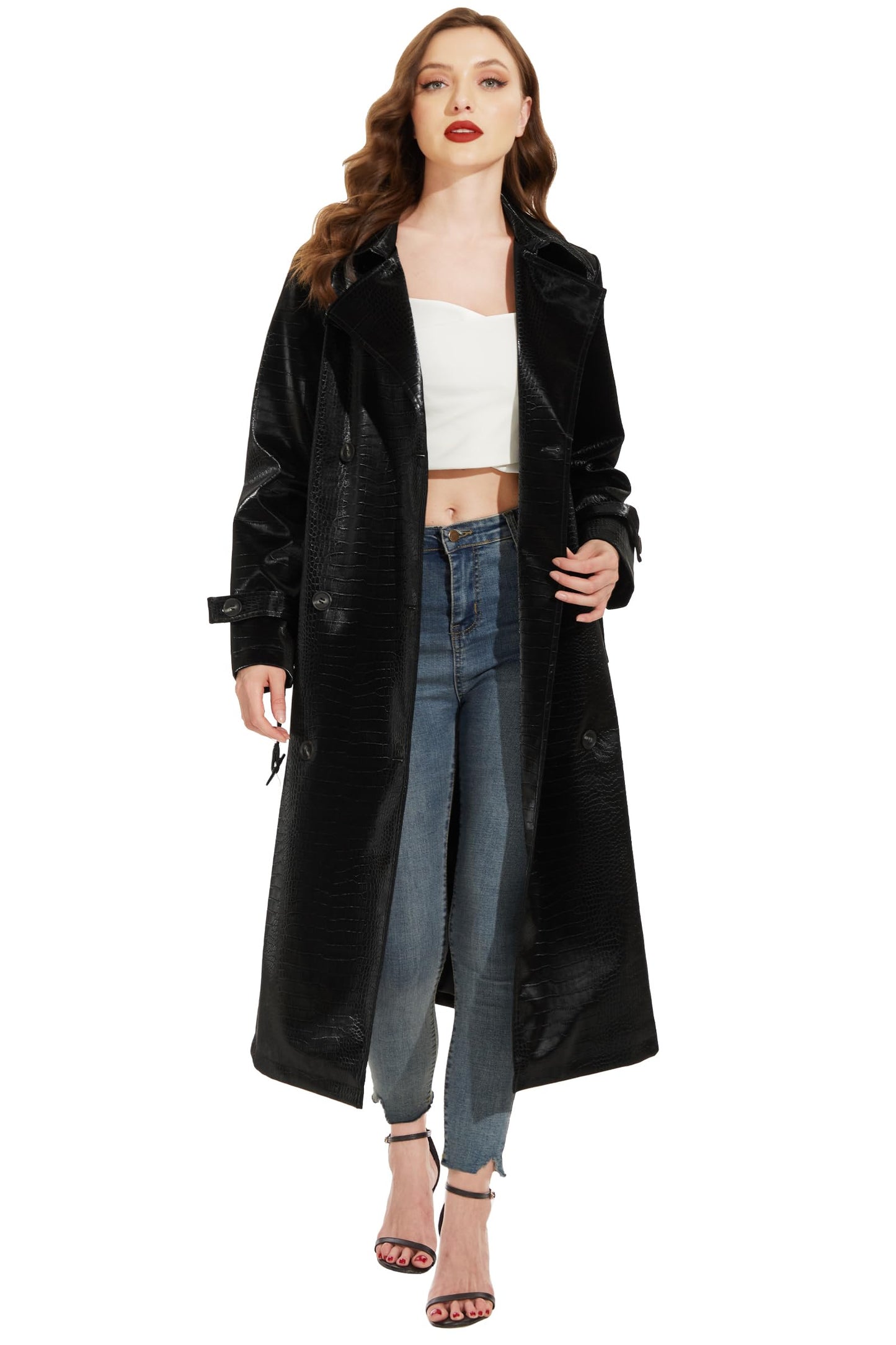 Fahsyee Women's Faux Leather Trench Coat, Zip Up Motorcycle Jackets Short PU Moto Biker Outwear Fitted Slim Jacket Black Size XL