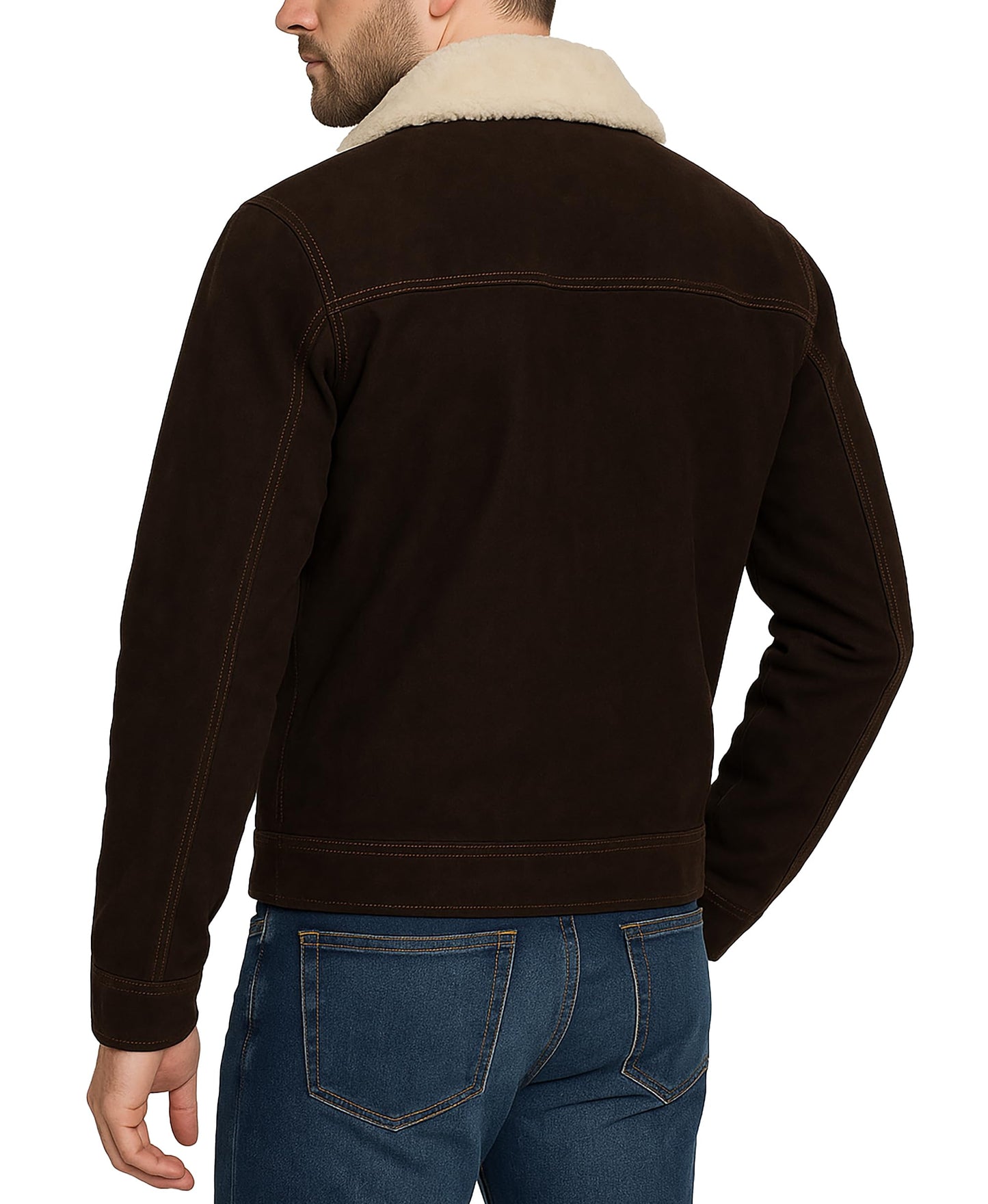 Mens Rick Grimes Walking Season 5 Faux Fur Shearling Collar Brown Suede Leather Biker Jacket, X-Large