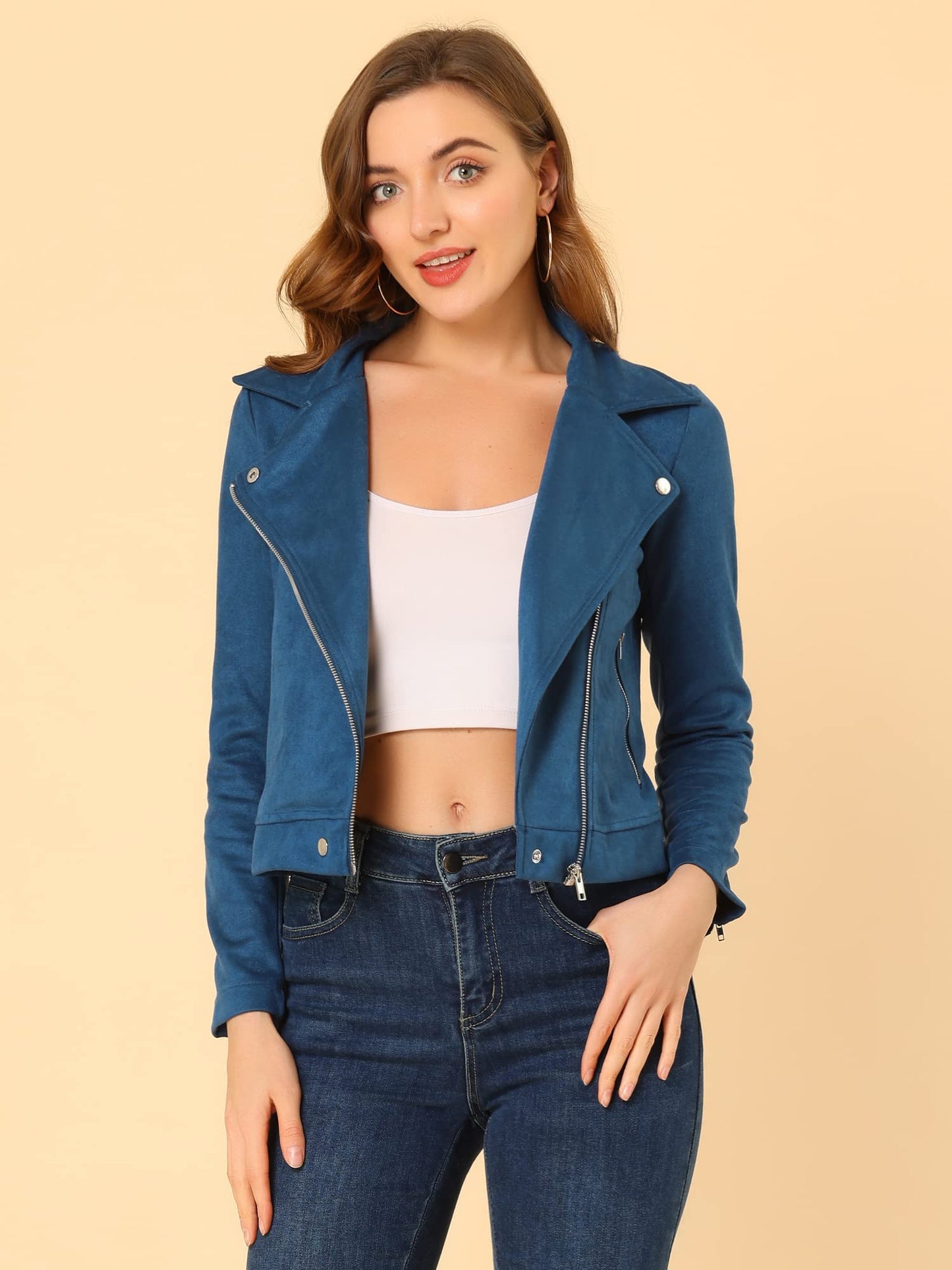 Allegra K Women Short Soft Zip Up Faux Suede Biker Moto Jacket Small Royal Blue